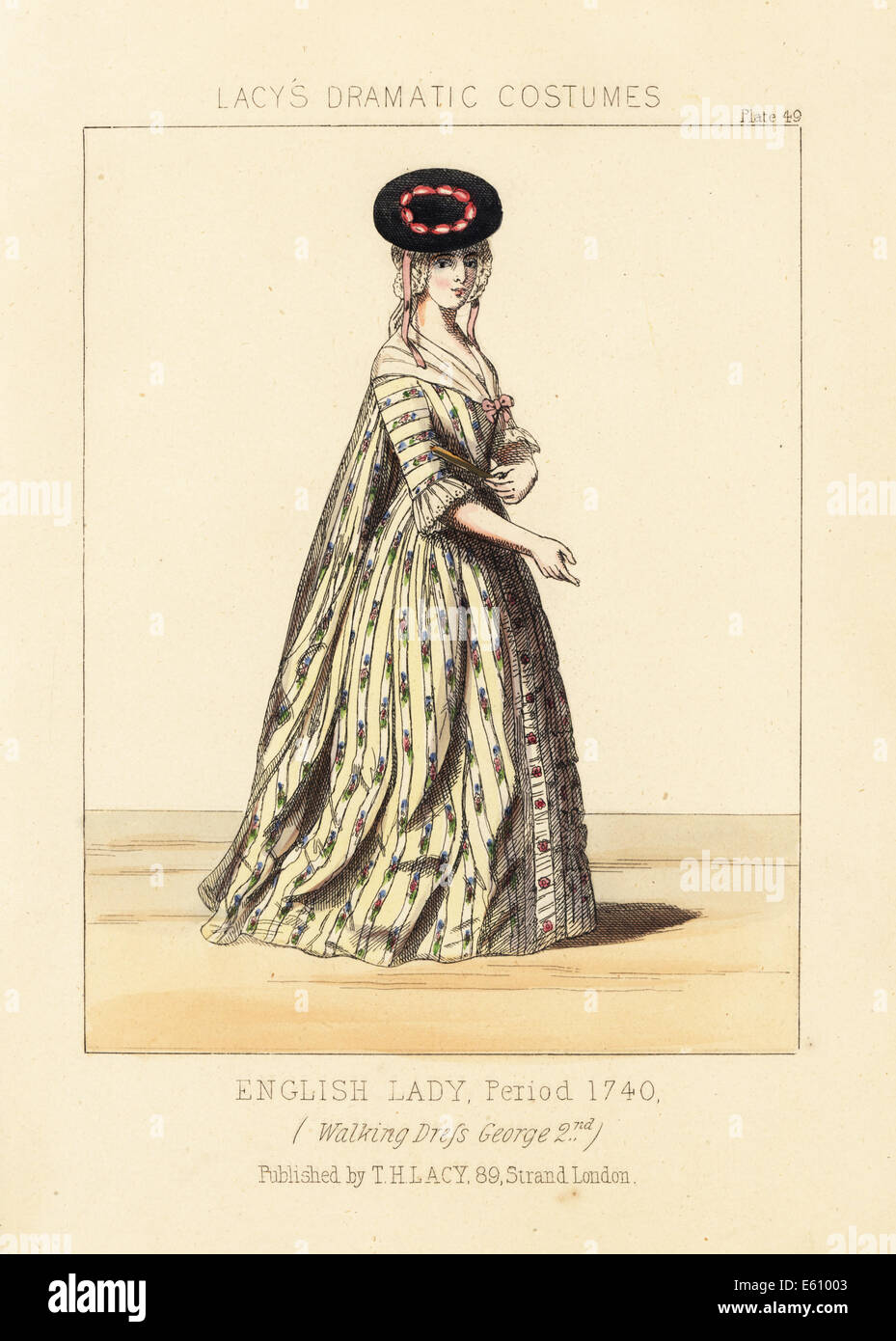 English lady in walking dress, reign of King George II, circa 1740. Stock Photo
