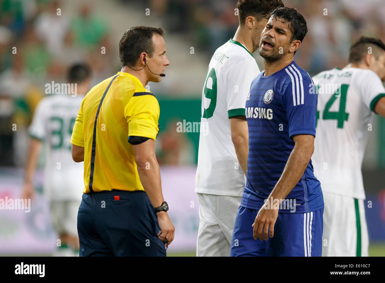 Budapest, Hungary. 10th Aug, 2014. Diego Costa (r) of Chelsea during Ferencvaros vs. Chelsea stadium opening football match at Groupama Arena on August 10, 2014 in Budapest, Hungary. Credit:  Laszlo Szirtesi/Alamy Live News Stock Photo
