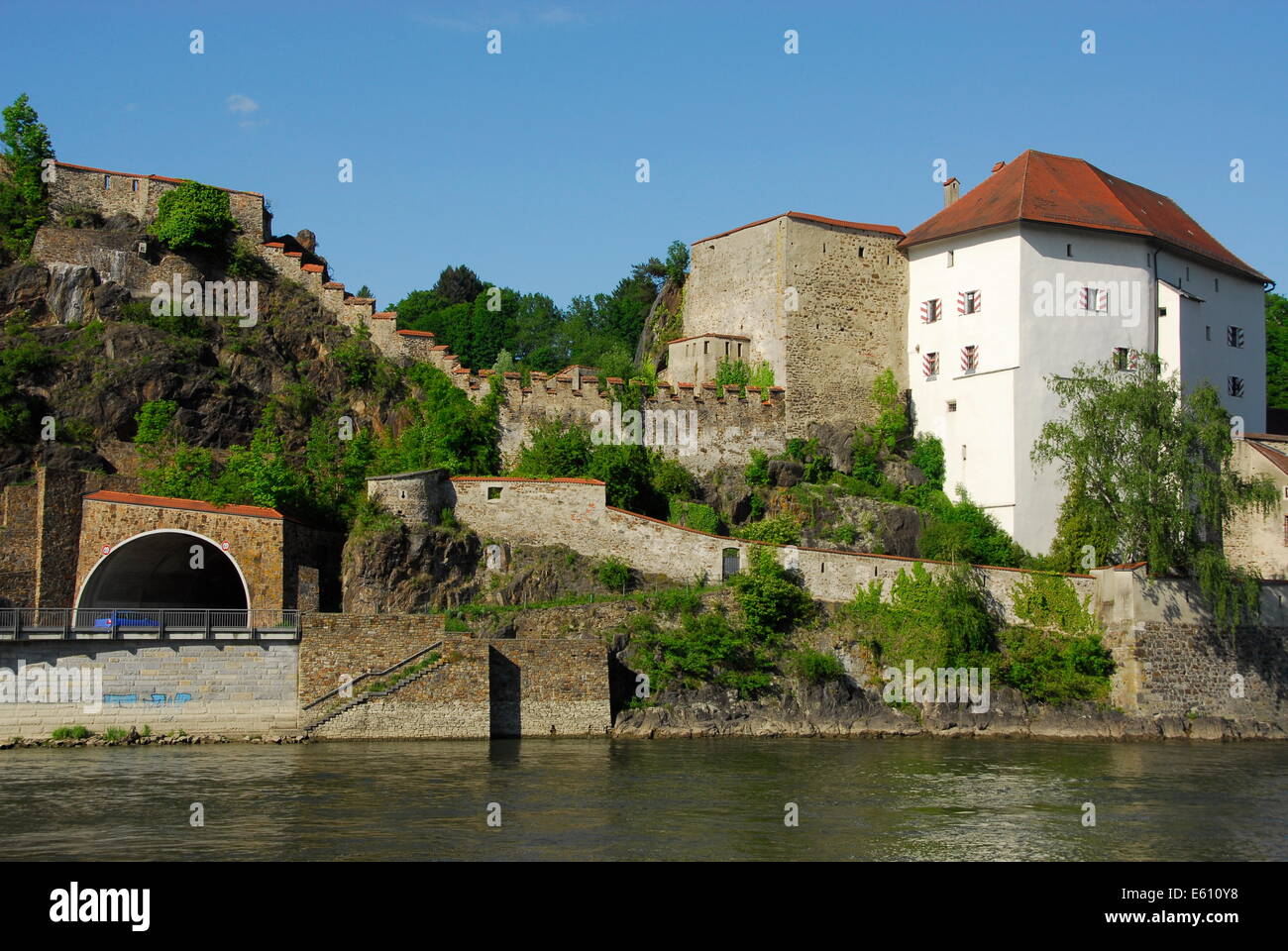 View of the town of Passau from the Danube River in Lower Bavaria, Germany. Stock Photo