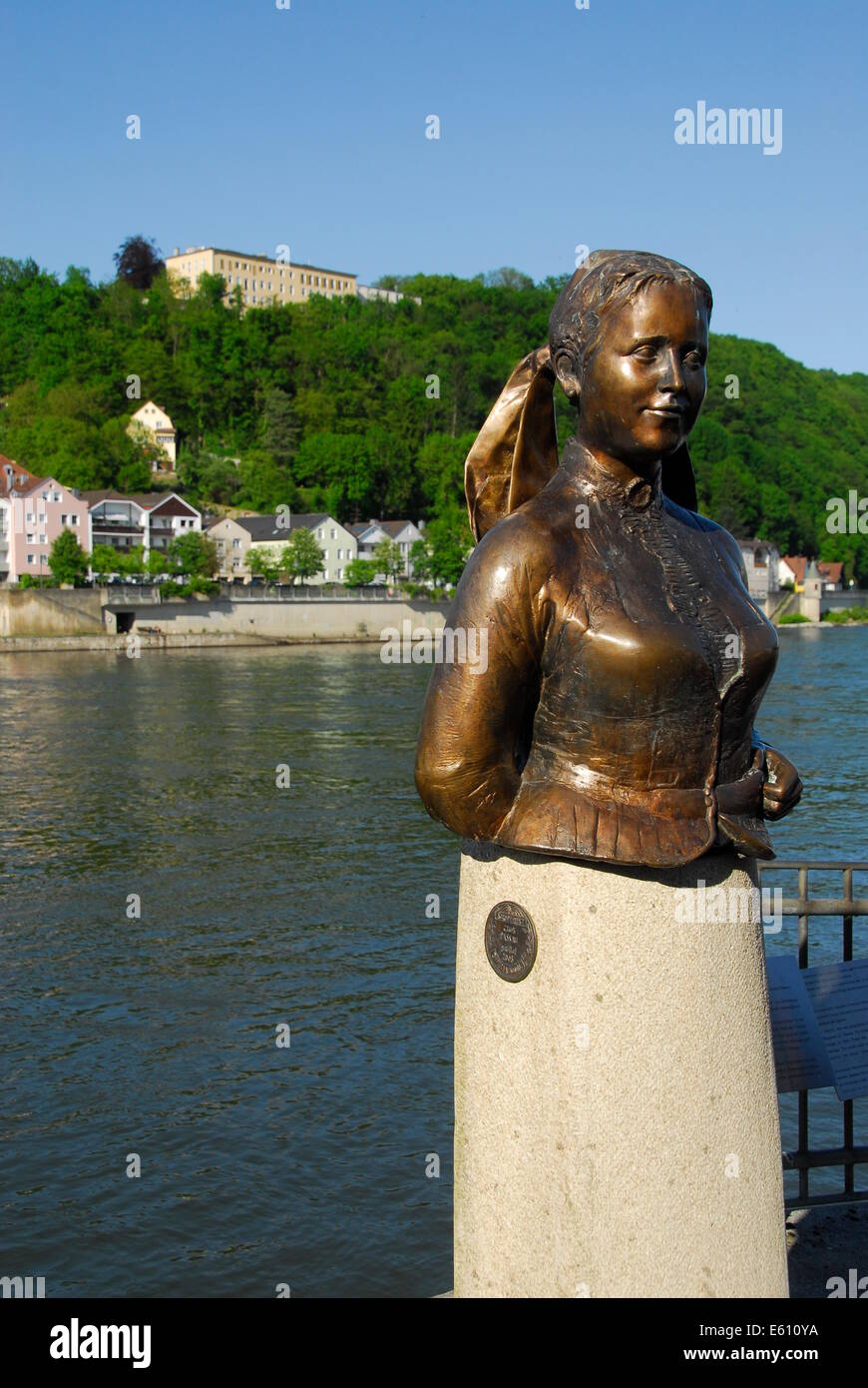 Statue of the poetess, Emerenz Meier, in on Danube River in Passau, Lower Bavaria, Germany. Stock Photo
