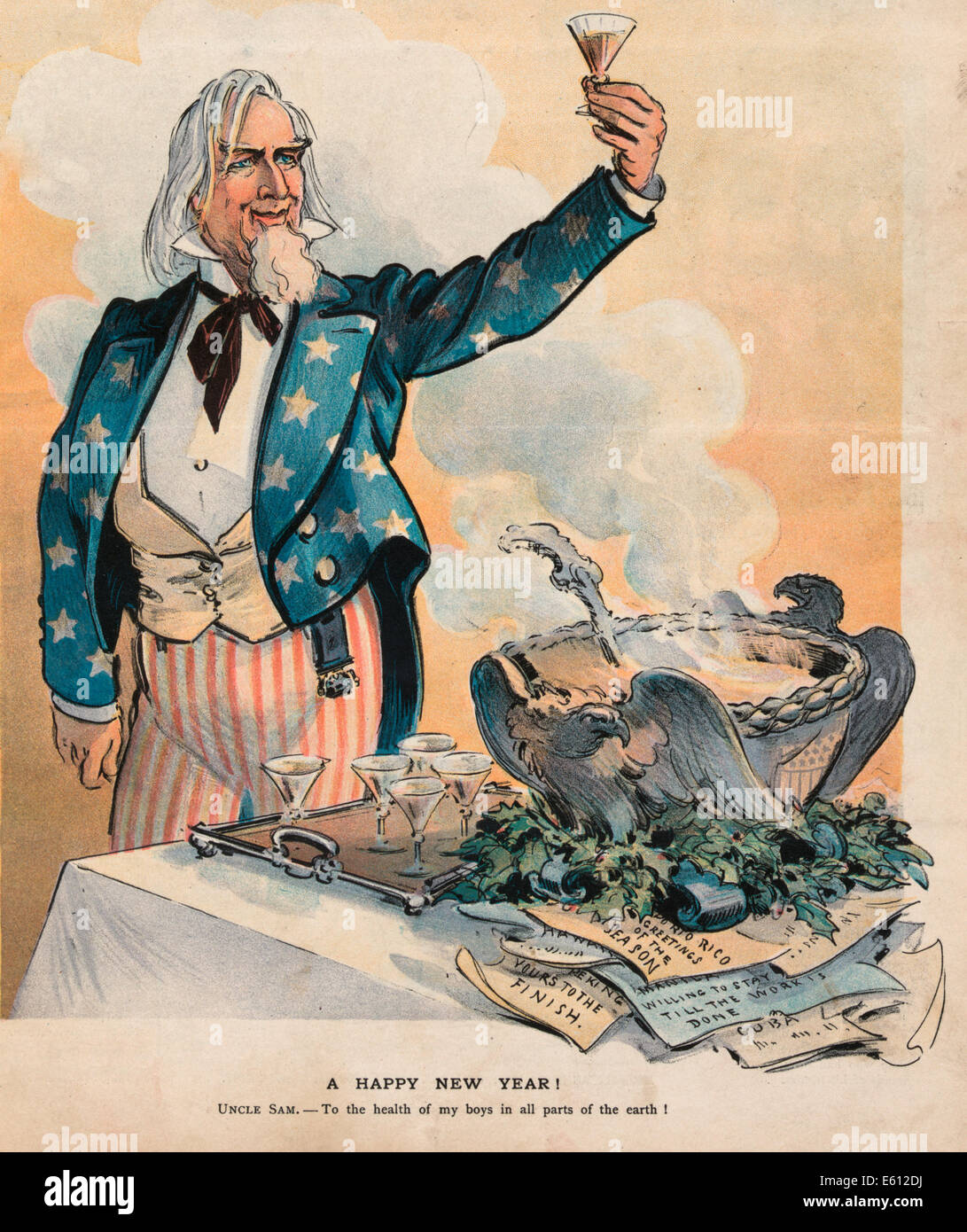 Uncle Sam offering a toast to American soldiers overseas, in Cuba, Puerto Rico, Philippines, Hawaii, and China, 1901 Stock Photo