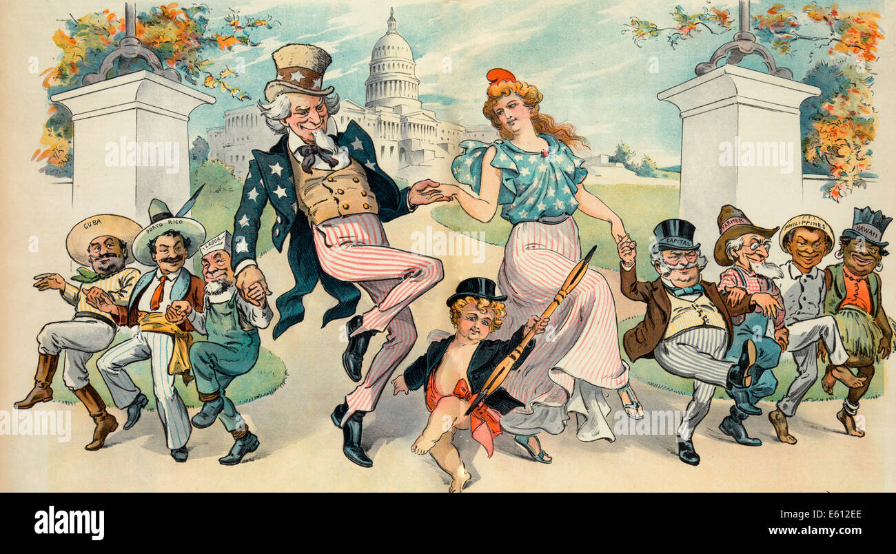 Hurrah - The Country is saved Again. Uncle Sam and Columbia dancing in a line with figures representing 'Cuba, Porto Rico, Labor, Capital, Farmer, Philippines, andHawaii' at the entrance to the grounds of the U.S. Capitol, visible in the background; Puck is at center in the foreground.Political Cartoon 1900 Stock Photo