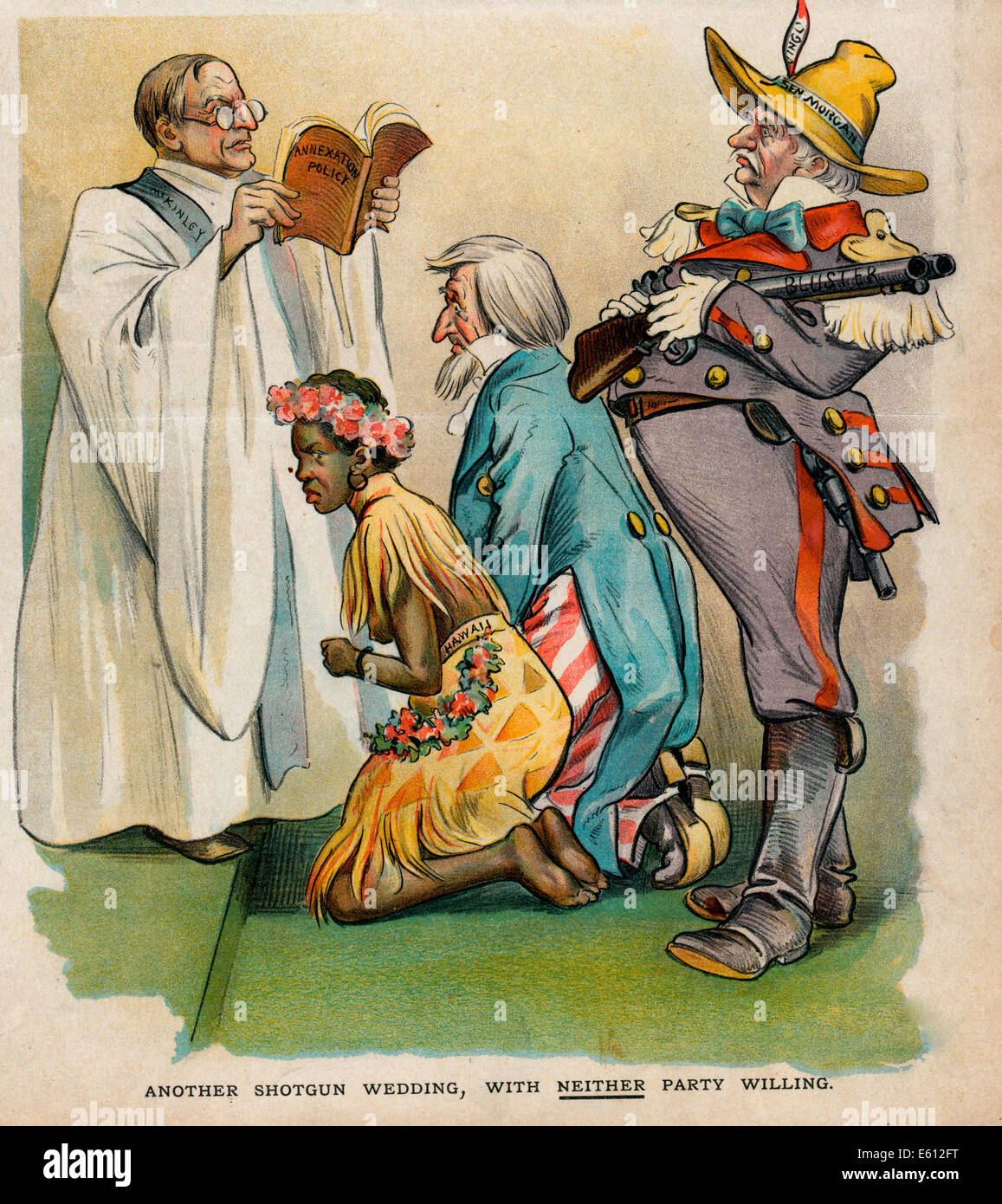 Another shotgun wedding, with neither party willing - wedding of Uncle Sam and a young woman labeled "Hawaii"; Political Cartoon Stock Photo