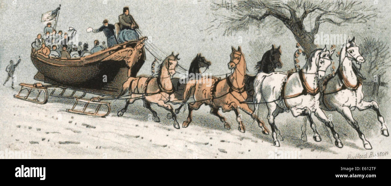 A Merry Drive - Out for a ride in the snow in olden times Stock Photo