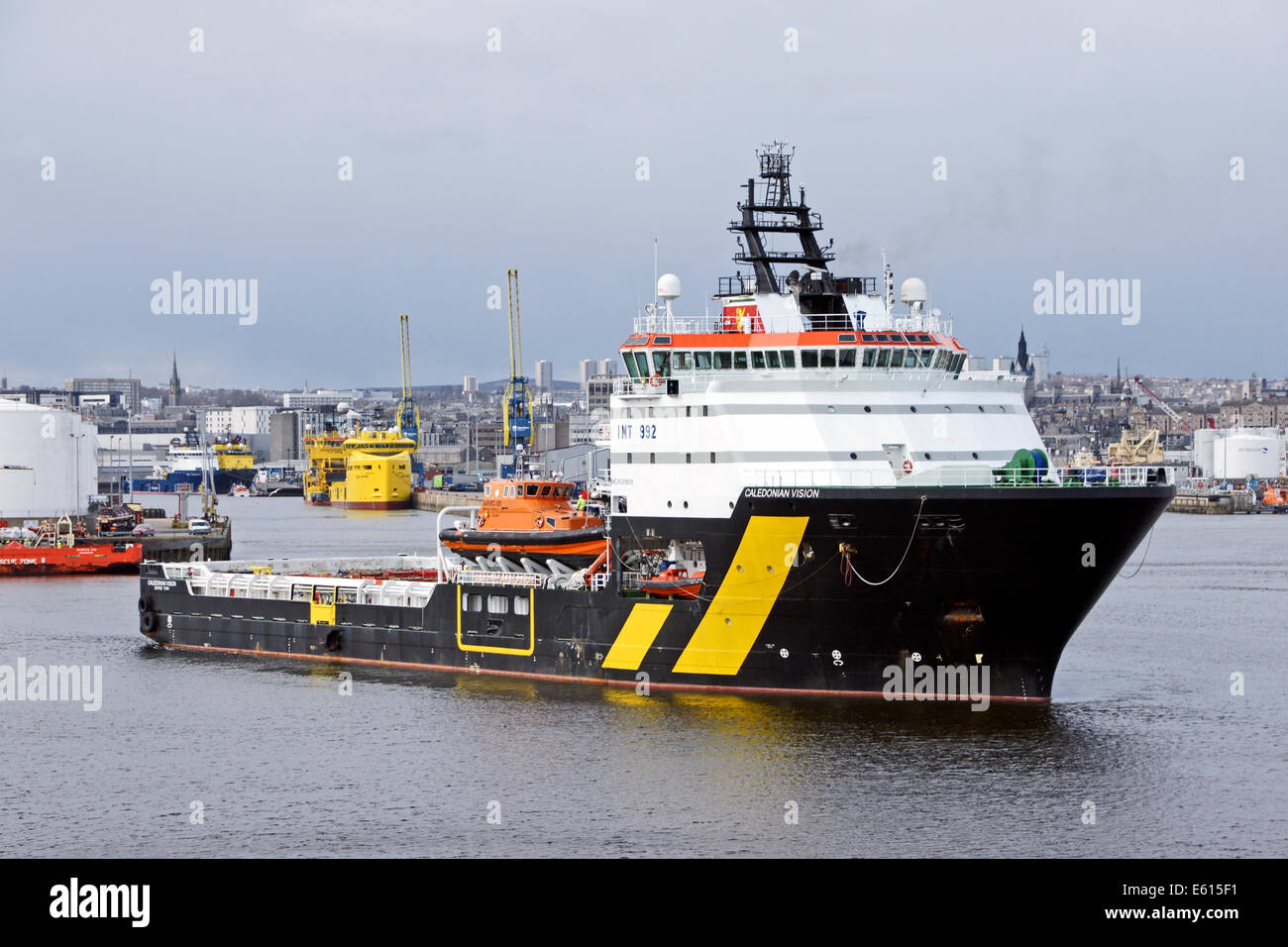 Oil supply ship Caledonian Vision in Aberdeen Harbour Aberdeen Scotland Stock Photo