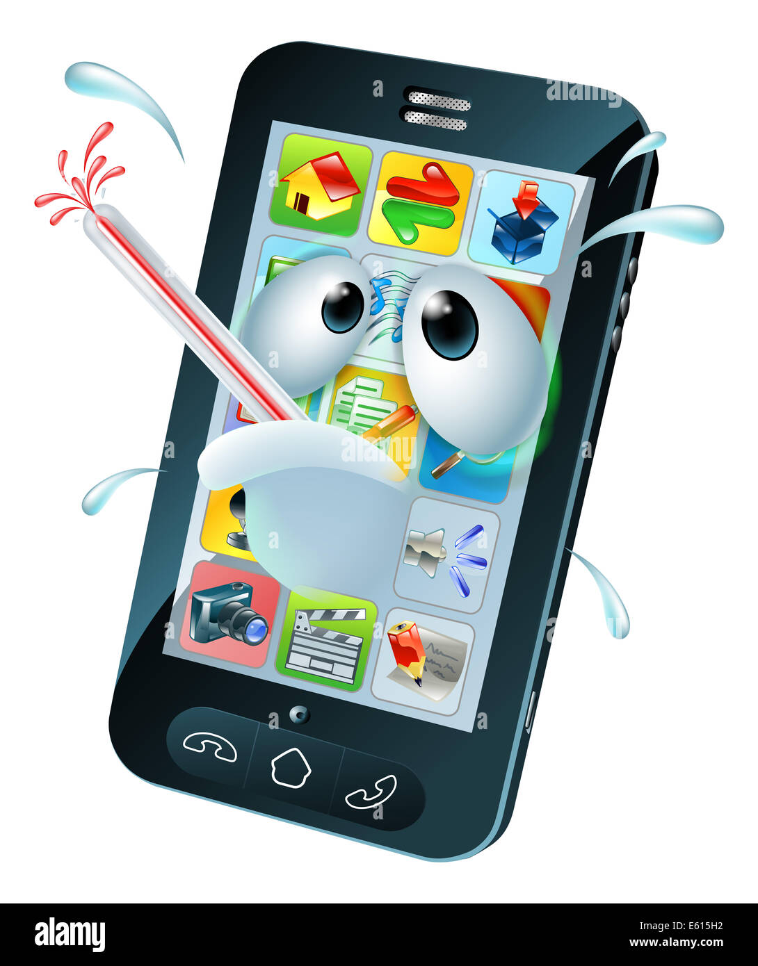 Virus cartoon mobile phone. Cartoon of an unwell sweating mobile phone with a bursting thermometer in its mouth. Could be a brok Stock Photo