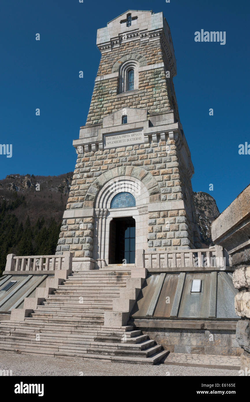 Tower monument and Ossario del Pasubio military cemetery, contested terrain in World War I, built in 1926 under the reign of Stock Photo