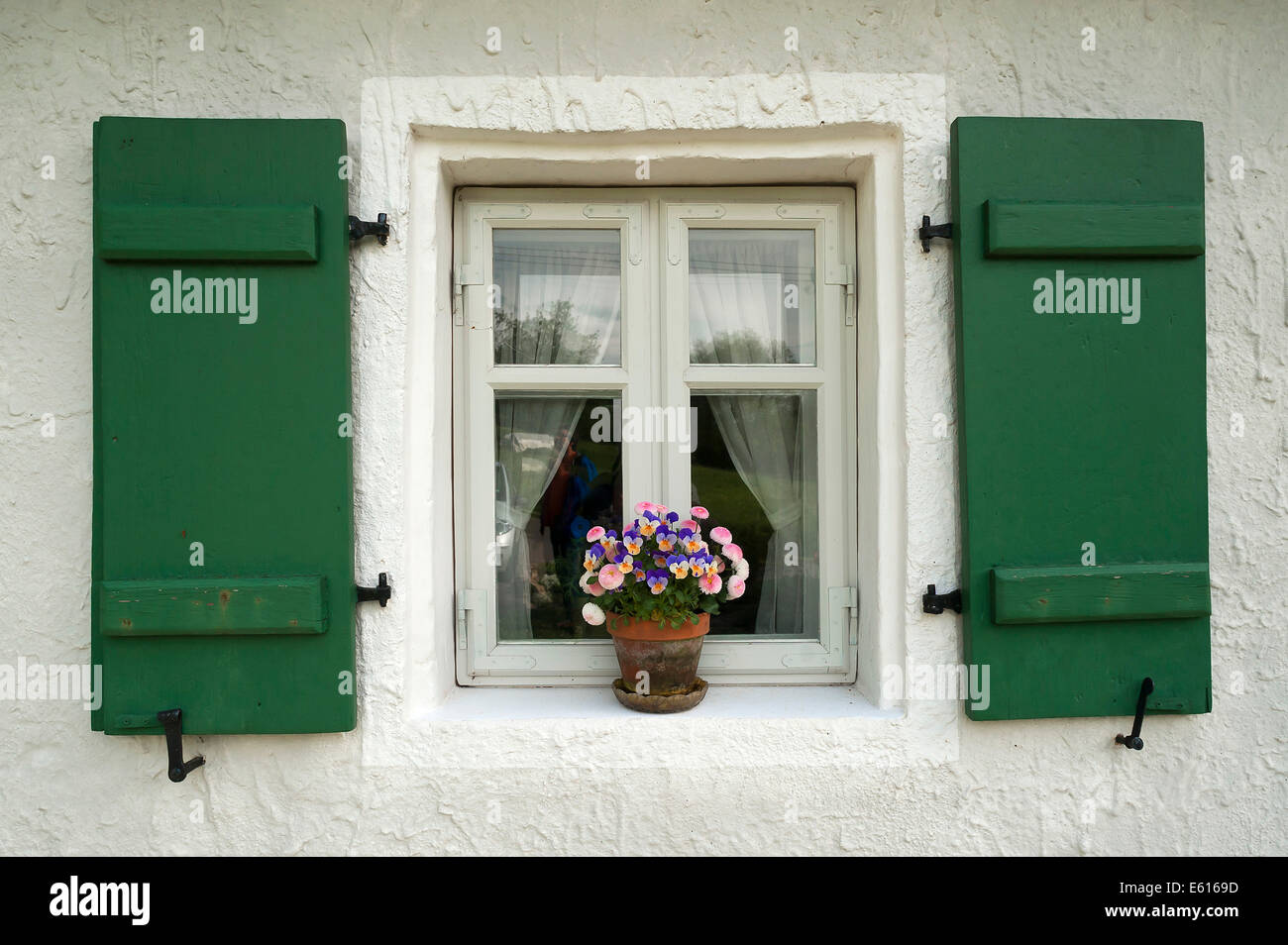 Window with green shutters and a flower pot, old shepherd's house from 1811, Kainsbach, Middle Franconia, Bavaria, Germany Stock Photo