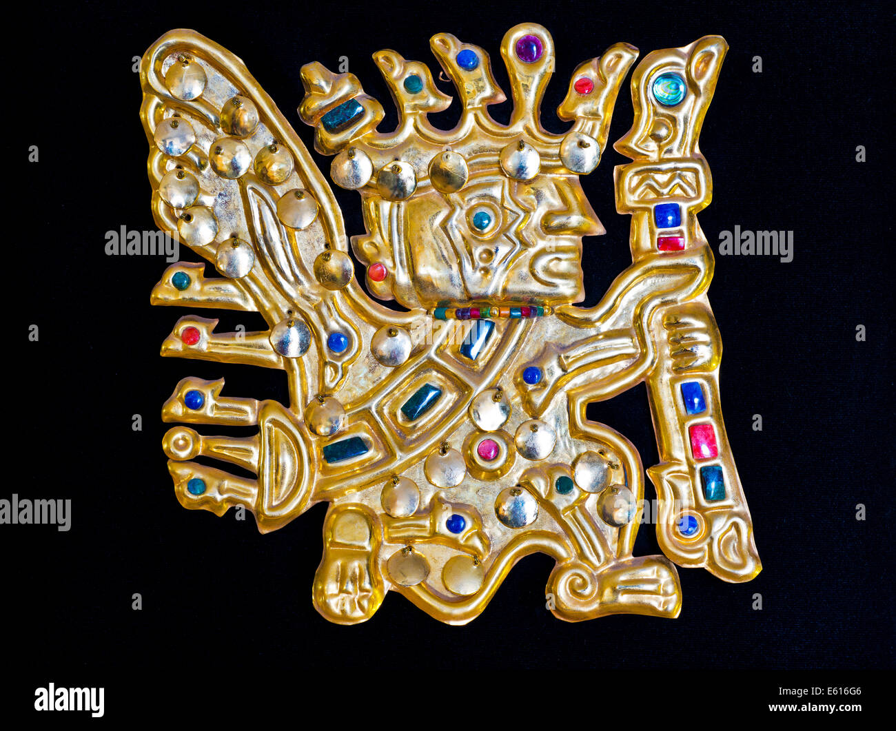 Golden pre-Columbian ritual jewellery, replica, sheet brass with semi-precious stones, souvenir, Cusco, Peru Stock Photo