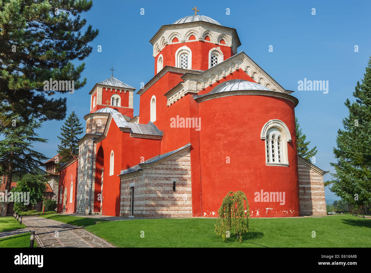 Monastery Zica. Temple of ascension and fonts in the courtyard of the monastery. 13th century Byzantine Romanesque monastery, Stock Photo