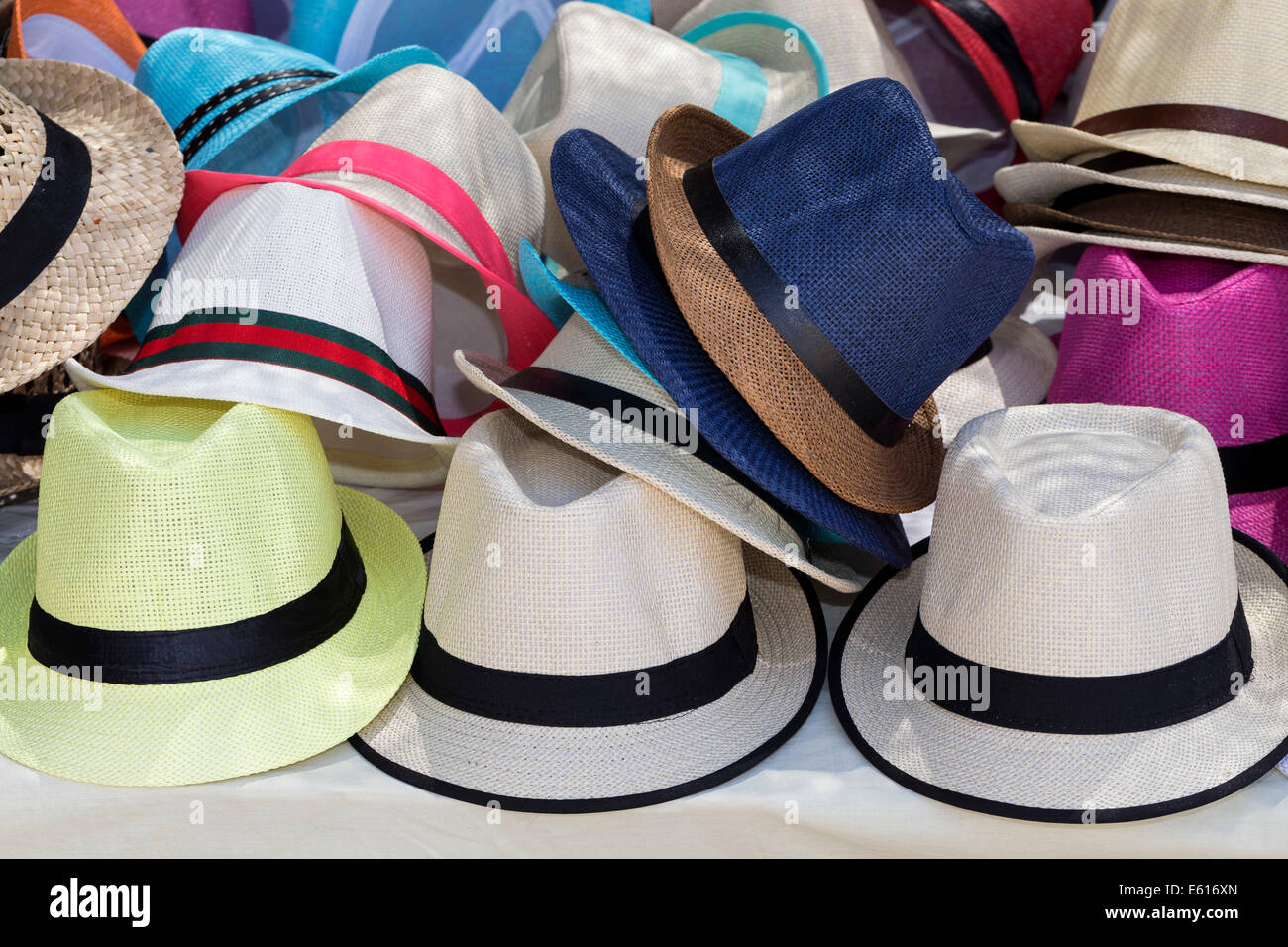 Hats for sale, Portocolom, Majorca, Balearic Islands, Spain Stock Photo