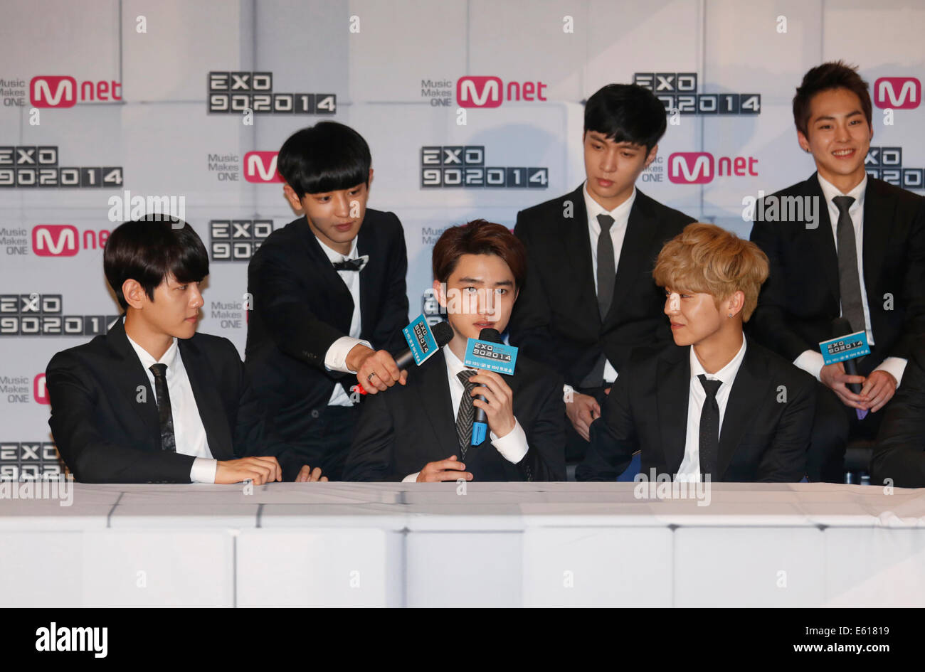 Seoul, South Korea. 11th August, 2014. South Korean-Chinese K-Pop idol boy band EXO attend a presentation for their new show on Mnet, 'EXO 90:2014', at CJ E&M Center in Seoul, South Korea. Credit:  Lee Jae-Won/AFLO/Alamy Live News Stock Photo