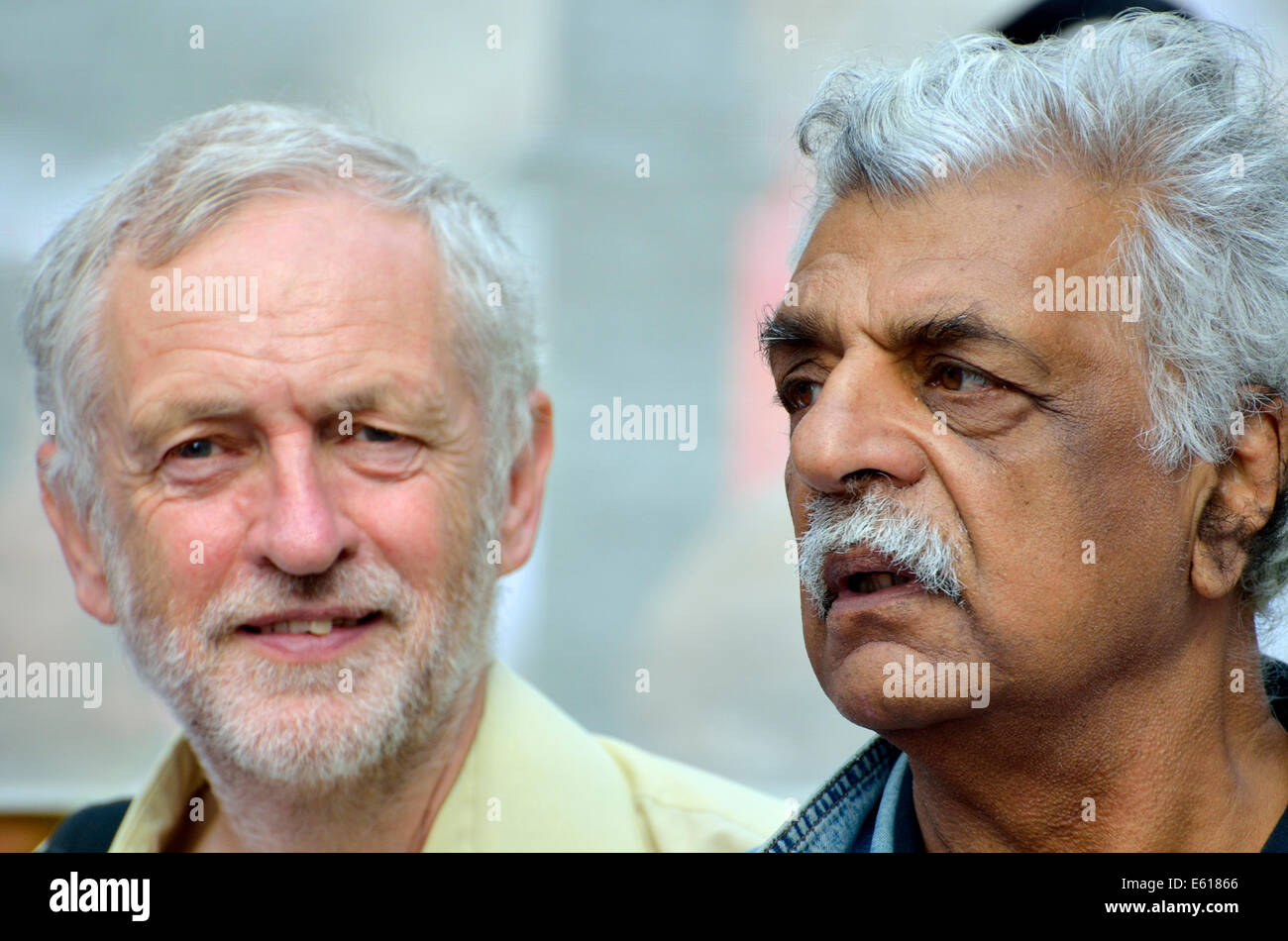 Jeremy Corbyn MP and Tariq Ali (left-wing British Pakistani writer and broadcaster) at the March for Gaza, London, 9th Aug 2014 Stock Photo