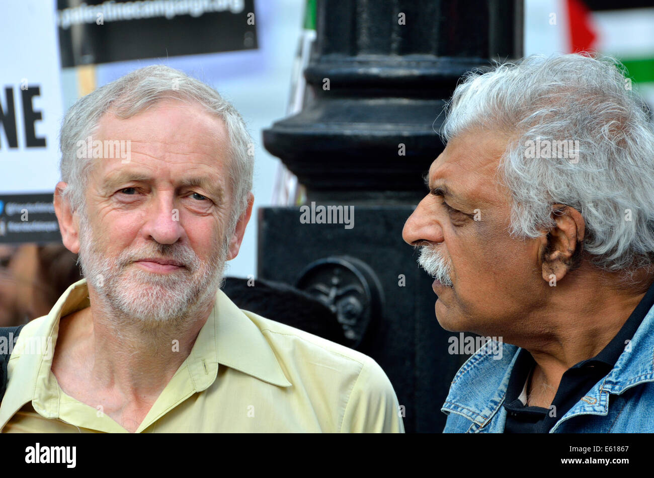 Jeremy Corbyn MP and Tariq Ali (left-wing British Pakistani writer and broadcaster) at the March for Gaza, London, 9th Aug 2014 Stock Photo