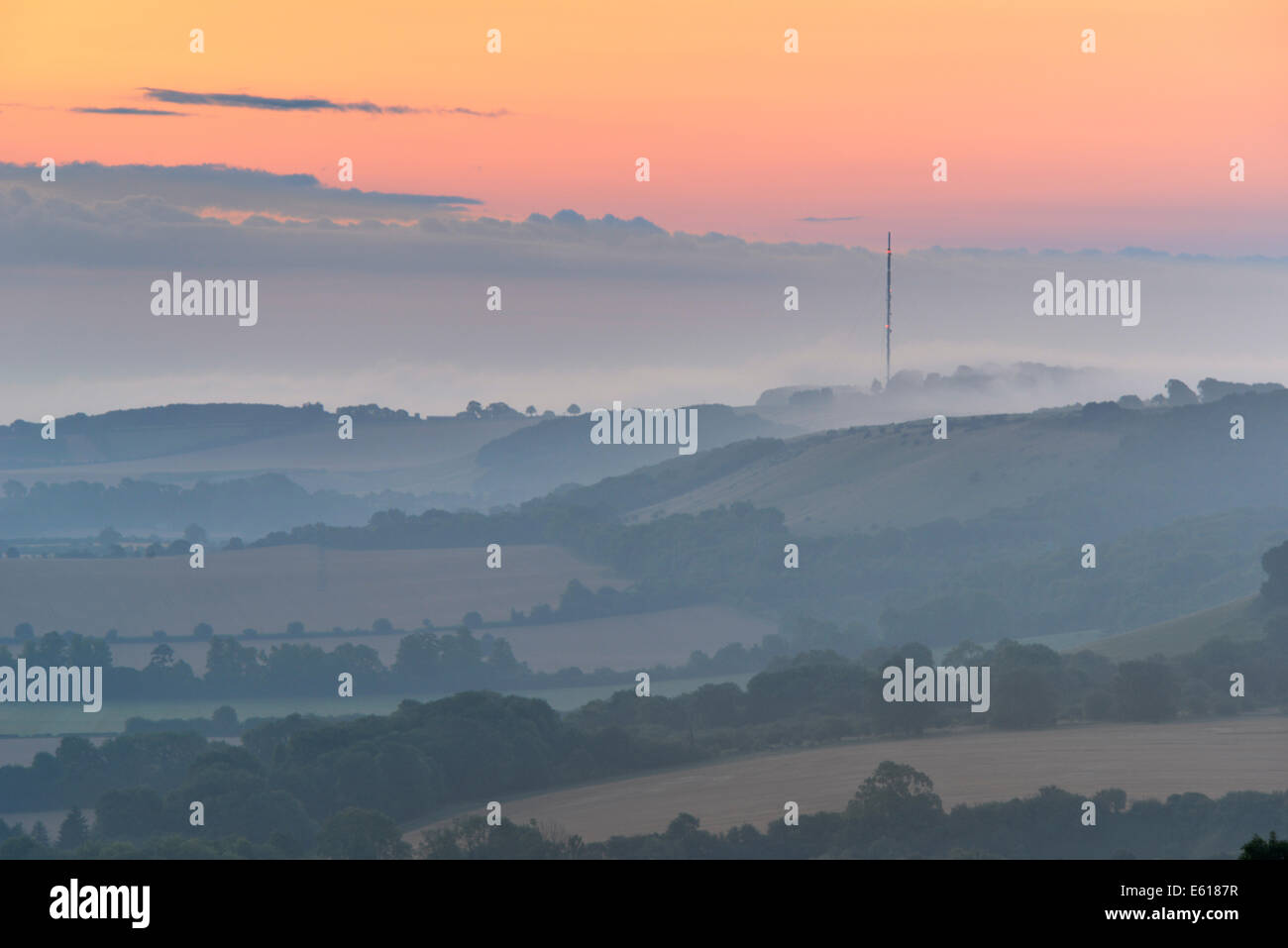 Dawn over Hannington Tower and Watership Down from Beacon Hill, Berkshire Downs. Stock Photo