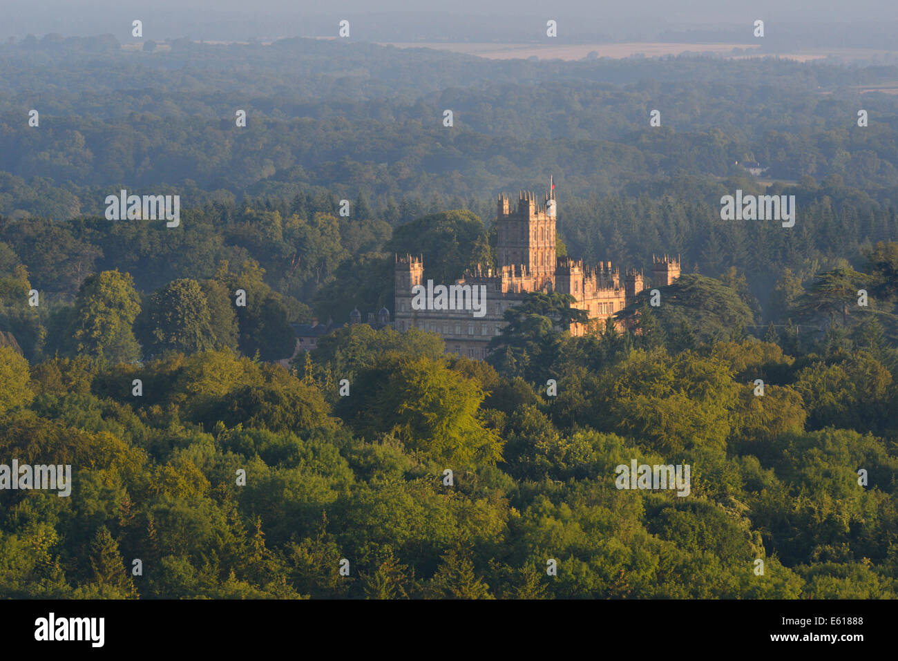 Dawn over Highclere Castle from Beacon Hill, Berkshire. Stock Photo