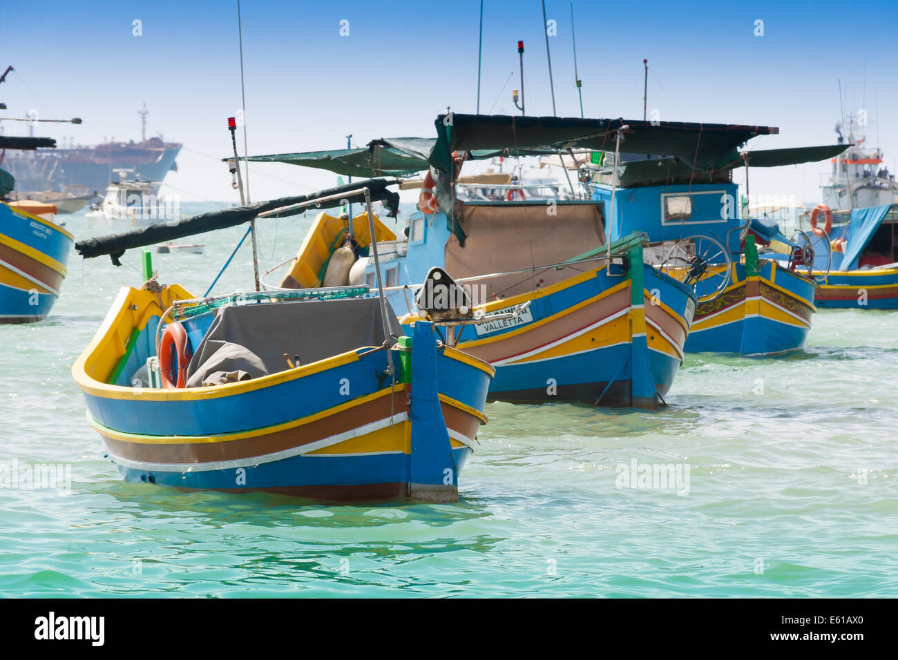 Traditional fishing boat (luzzu) in Marsaxlokk, a fishing village ...