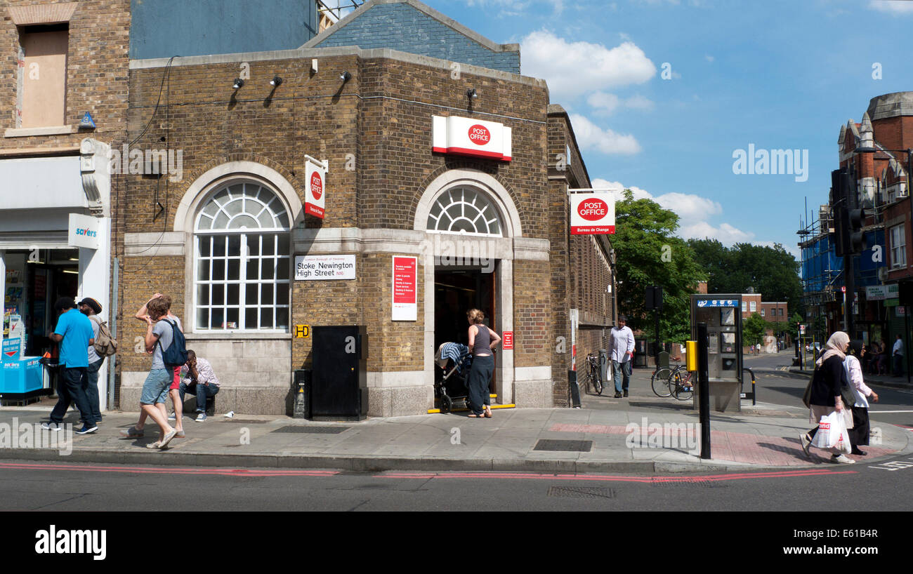 View of Post Office and people on Stoke Newington High Street in London