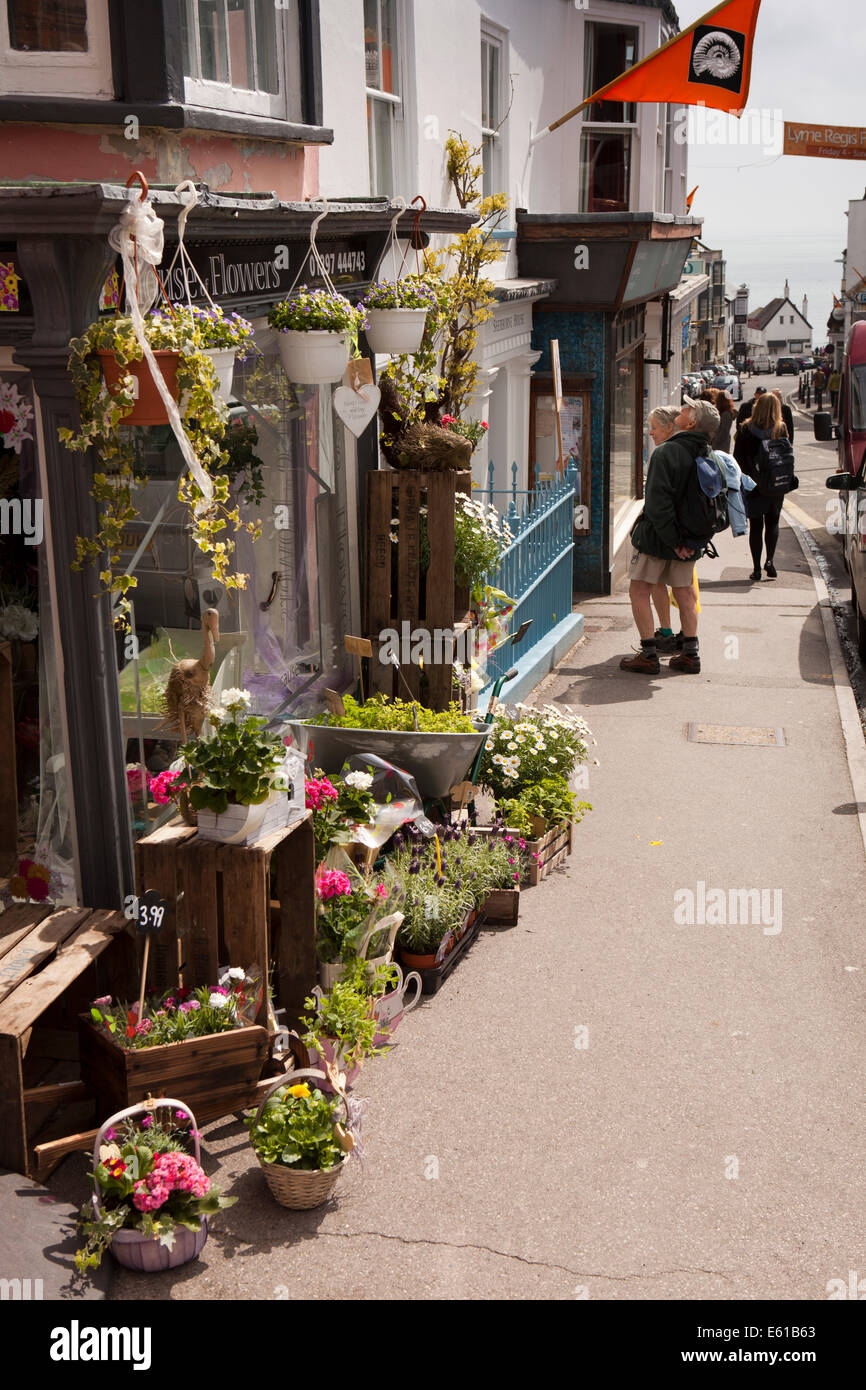 UK England, Dorset, Lyme Regis. Broad Street, florist’s stock displayed