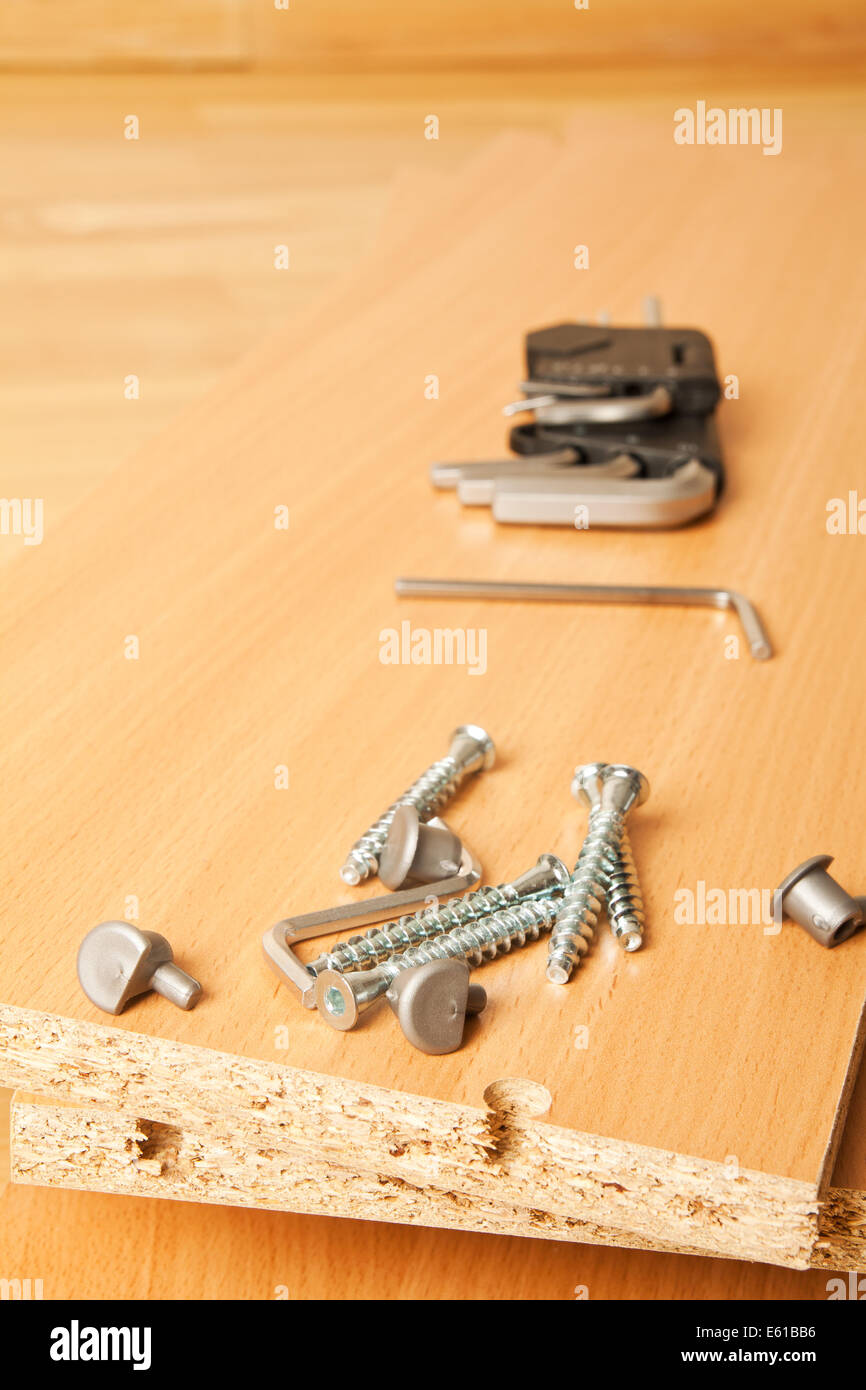 Brown wooden furniture parts for assembly Stock Photo