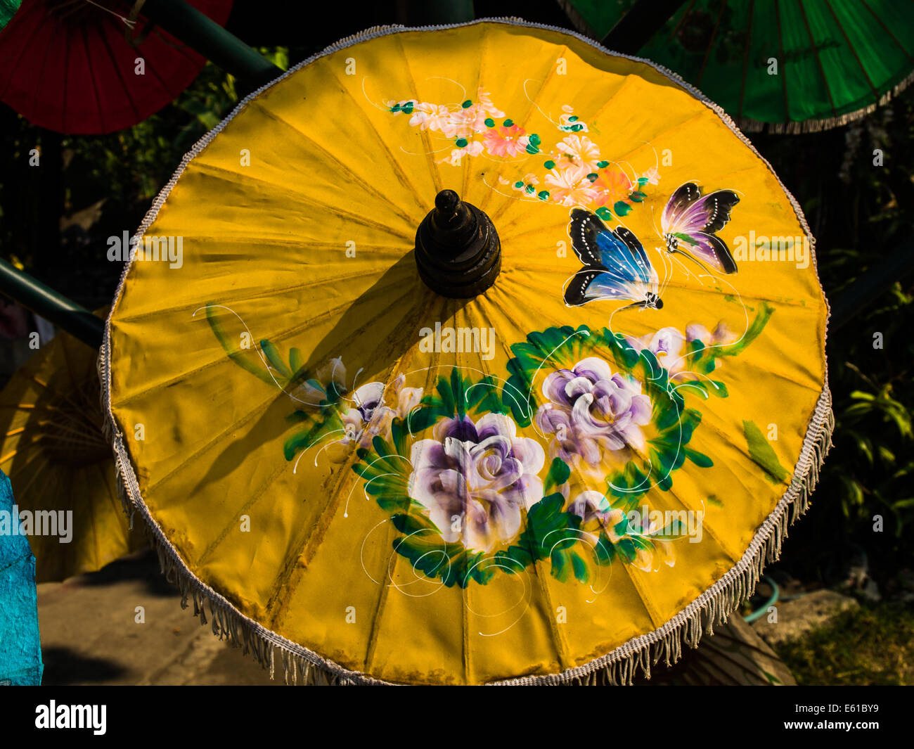 Yellow rice paper umbrella dried in nature. one of handmade souvenirs ...