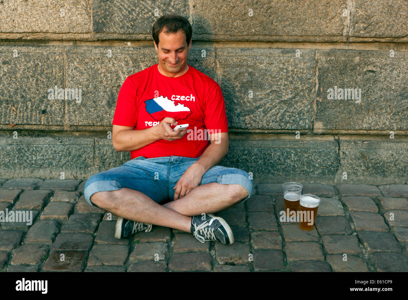 Naplavka Prague, Czech Republic man beer Stock Photo