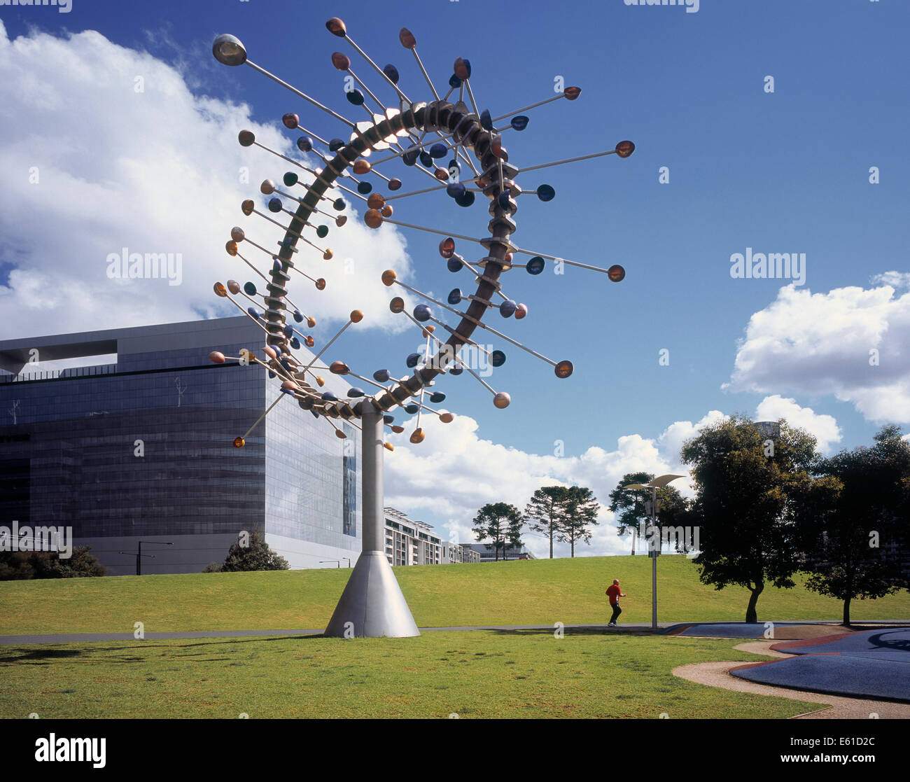 Park with modern office building and sculpture in the Docklands