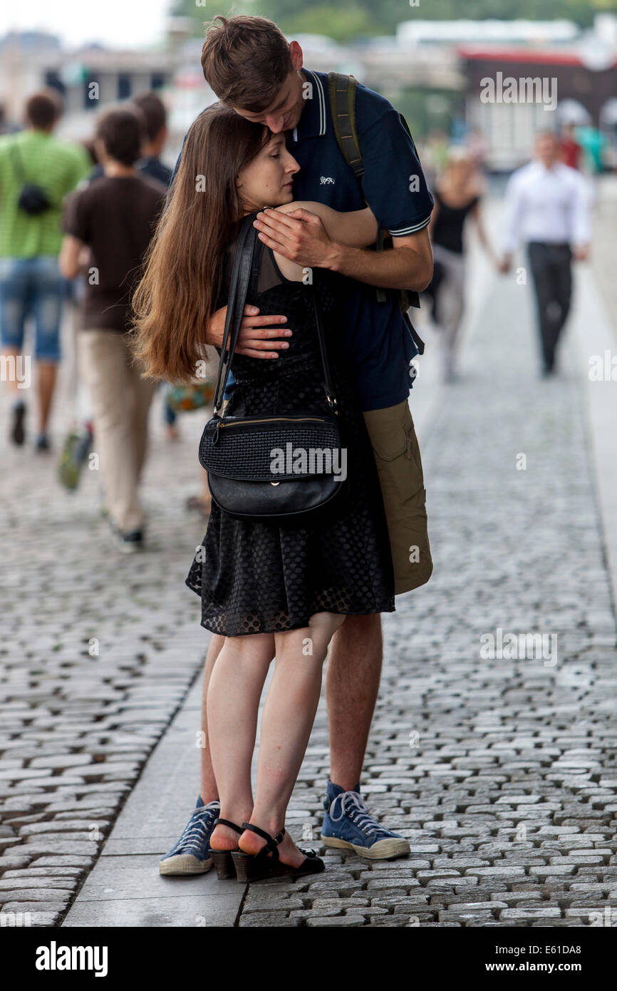 Couple in love on Naplavka riverside Prague, Czech Republic Stock Photo