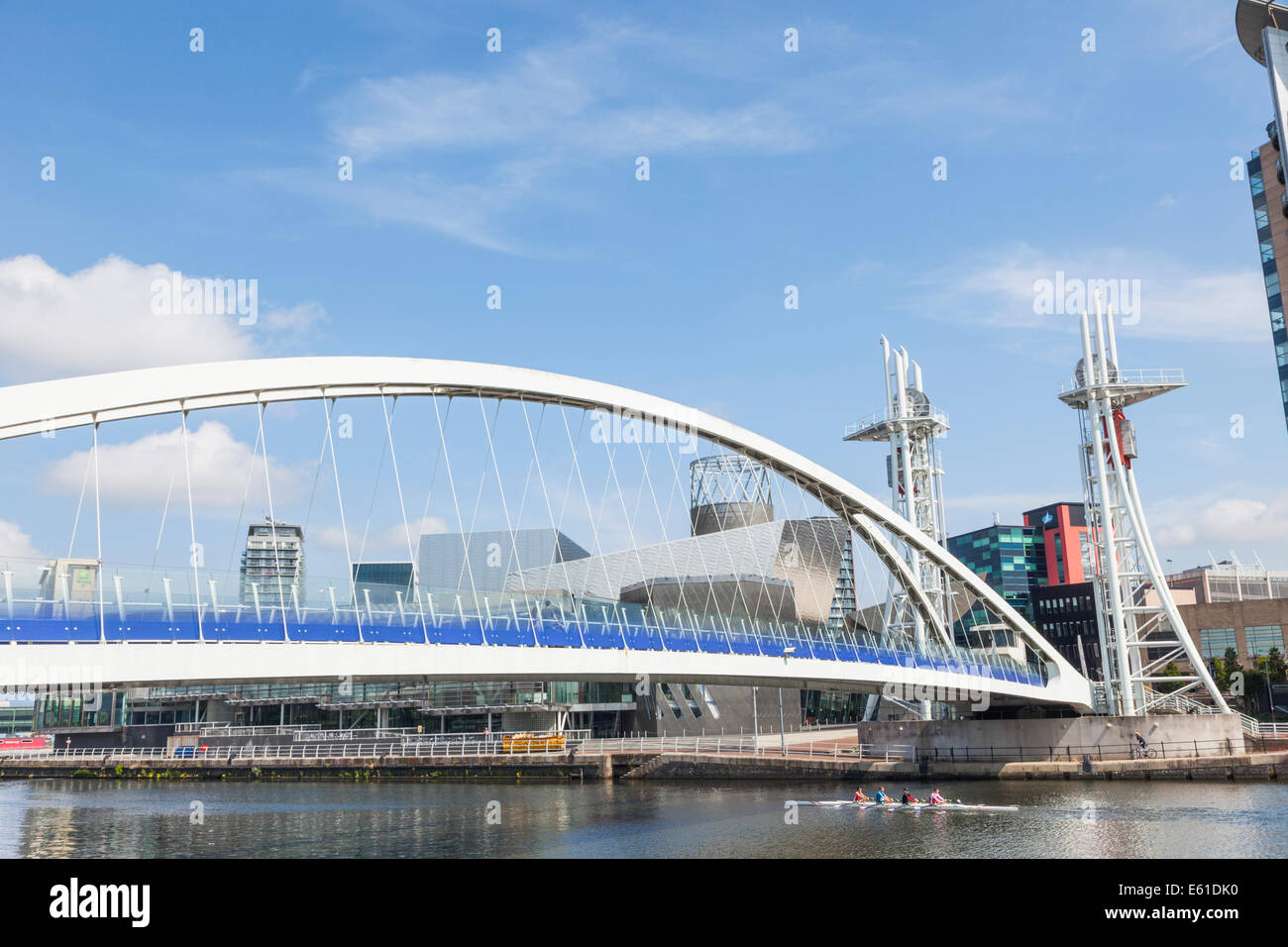 England, Manchester, Salford, The Quays, Millennium Lift Bridge and The Lowry and Media City Skyline Stock Photo