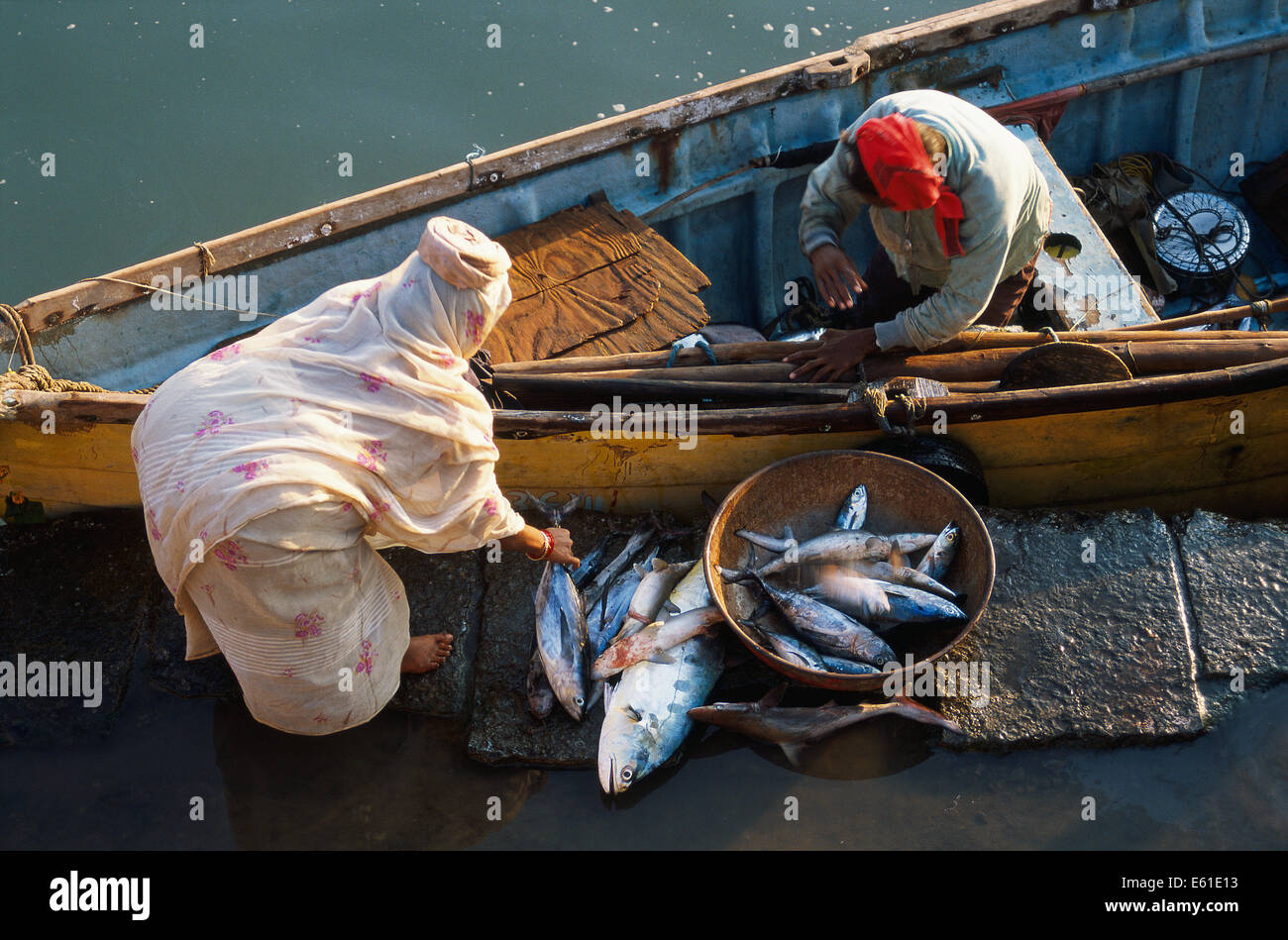 Boat unloading fishes in the port. The woman on the left is collecting the fishes to sell them to the market ( India) Stock Photo