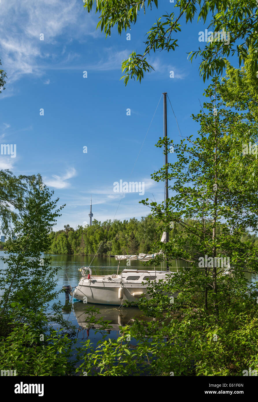 A sail boat anchored in the quiet waters of the Toronto island Parks. Stock Photo