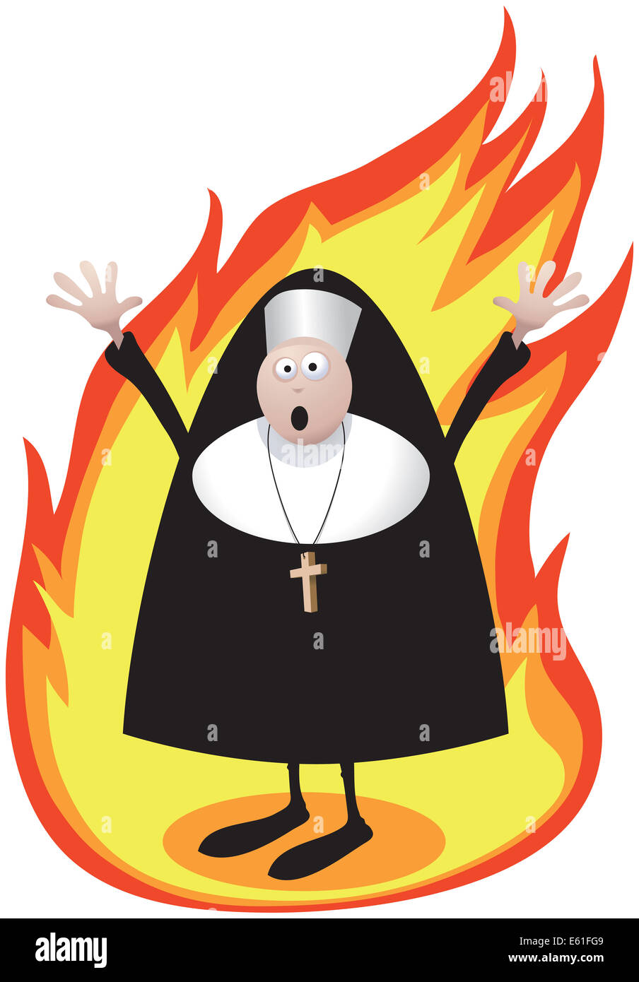 Illustration of a burning screaming nun with her arms waving in the air. Stock Photo