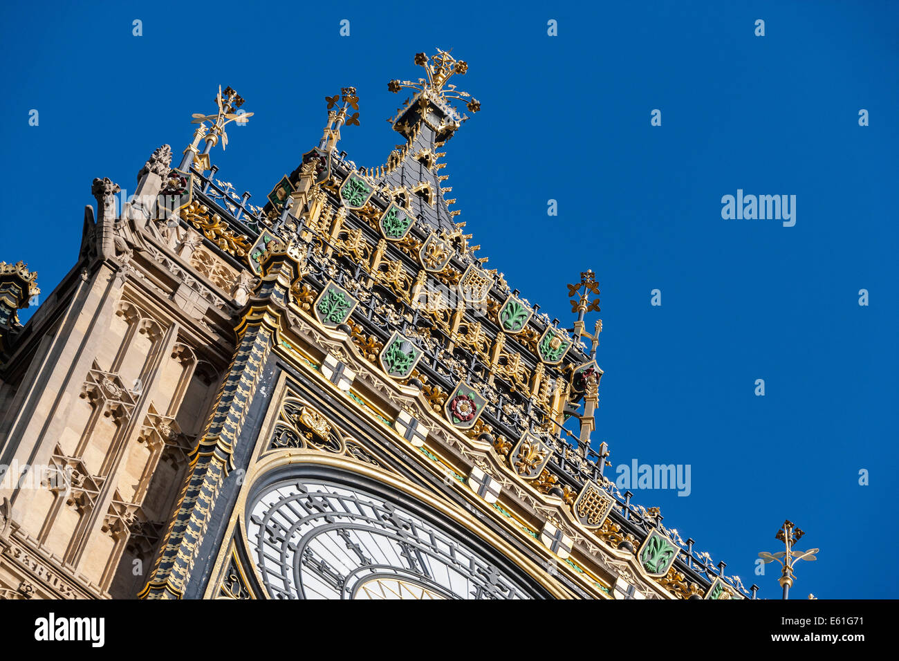 Elizabeth Tower housing clock commonly known as Big Ben at the Houses of Parliament London England UK. JMH6359 Stock Photo