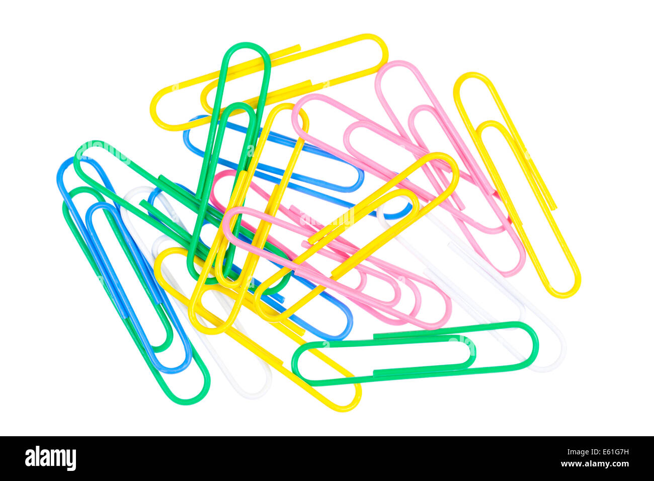 Coloured paper clips on a white background Stock Photo