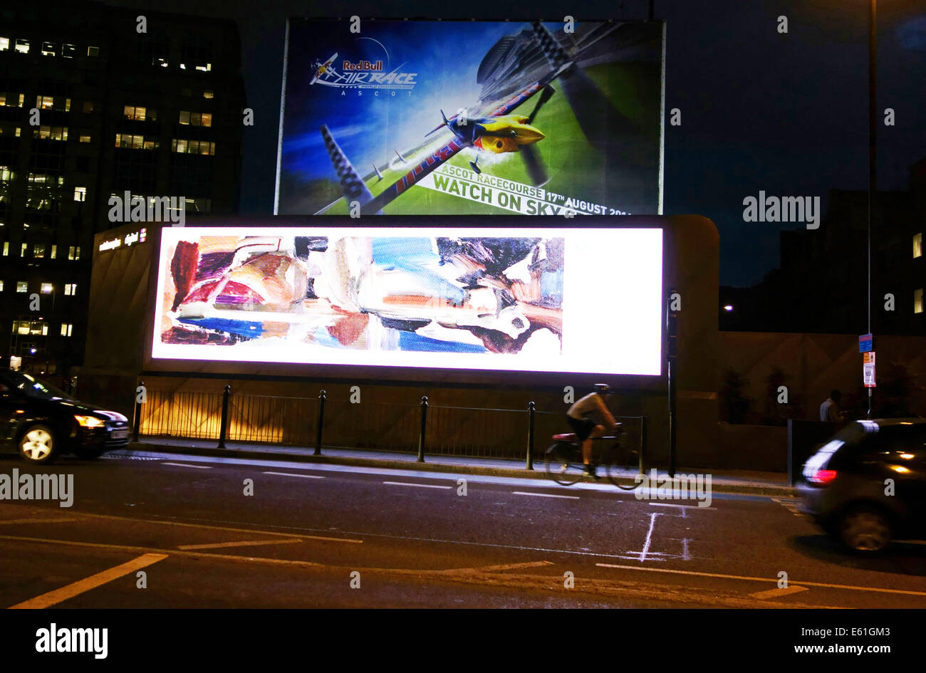Art Everywhere poster in Aldgate, London ( 'A River Pool' by Ivon Hitchens) & Sky TV billboard Stock Photo