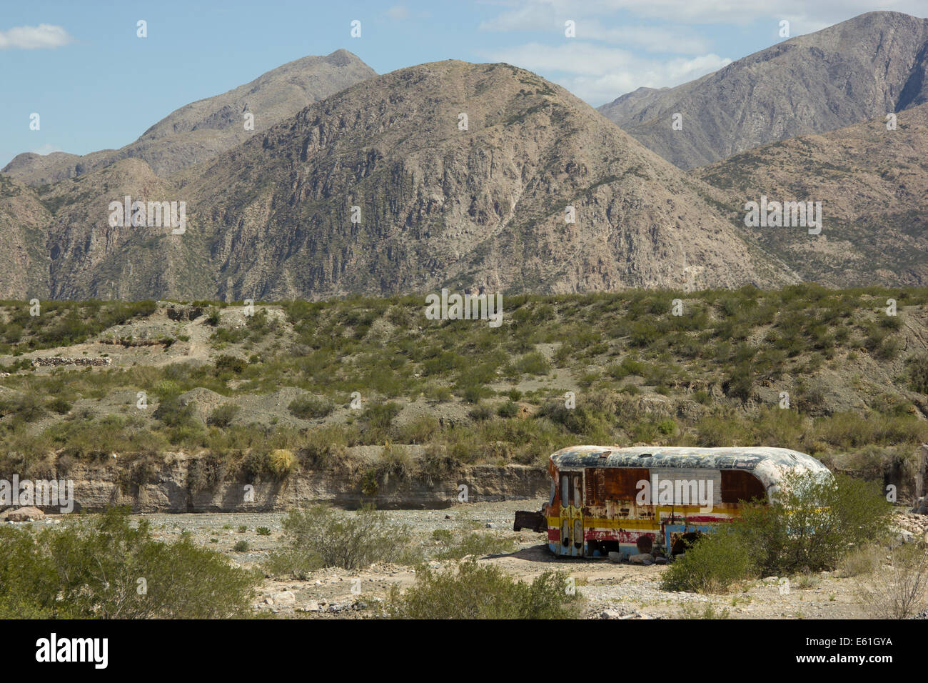 Abandoned colorful bus in the deserts of South Argentina Stock Photo