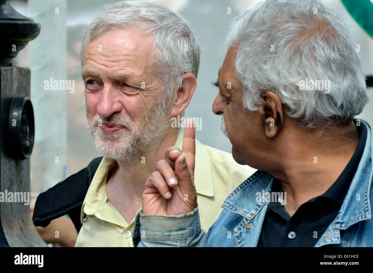 Jeremy Corbyn MP and Tariq Ali (writer and broadcaster) on the National Demonstration for Gaza, London, August 9th 2014 Stock Photo