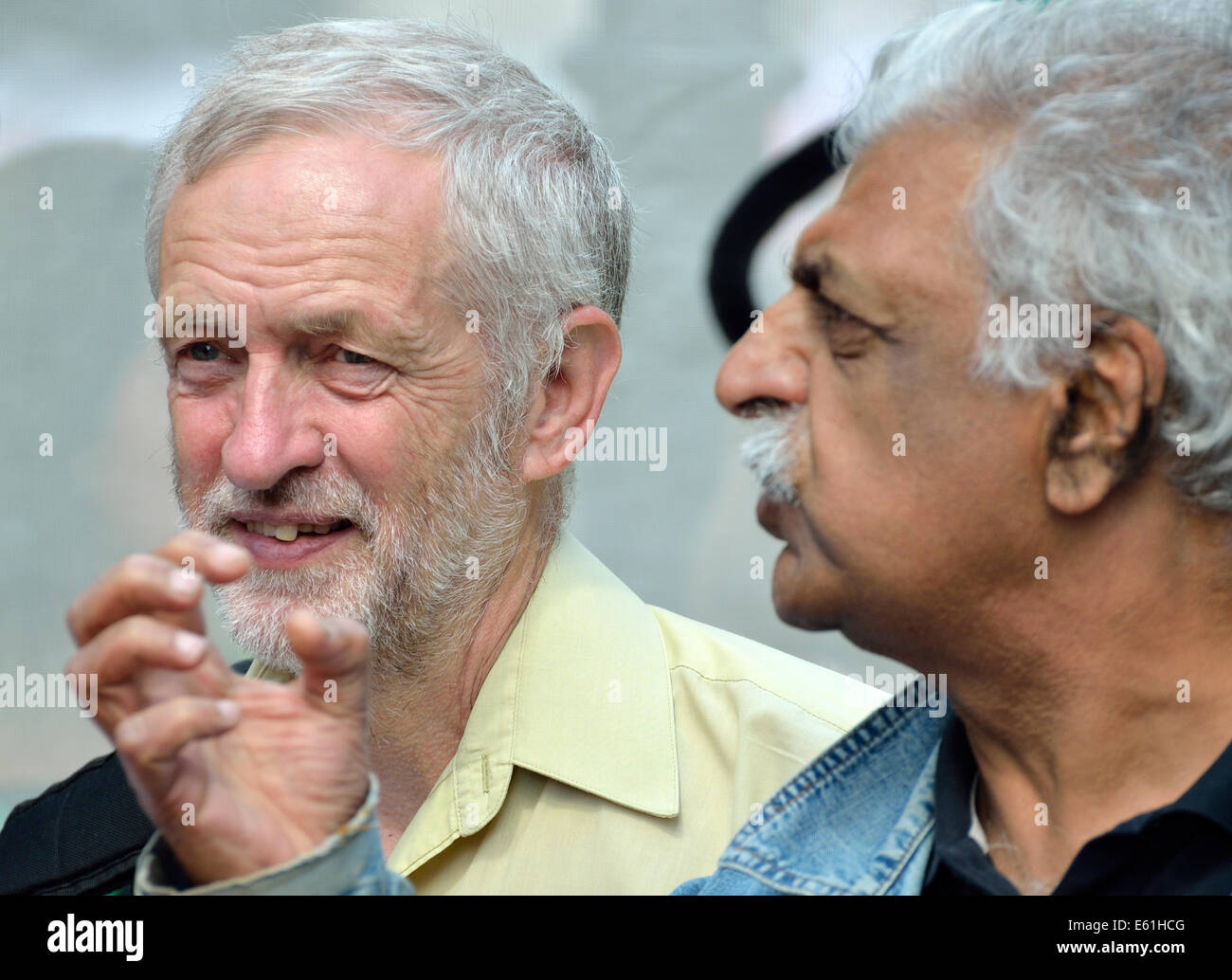 Jeremy Corbyn MP and Tariq Ali (writer and broadcaster) on the National Demonstration for Gaza, London, August 9th 2014 Stock Photo