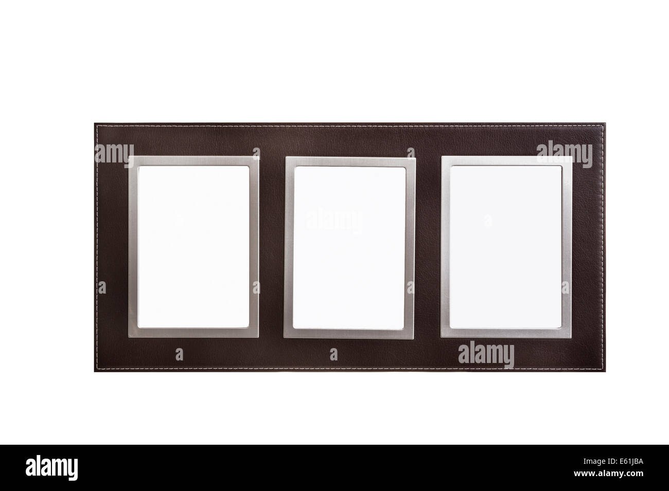 Brown leather and brushed aluminium triple photograph frame. Stock Photo