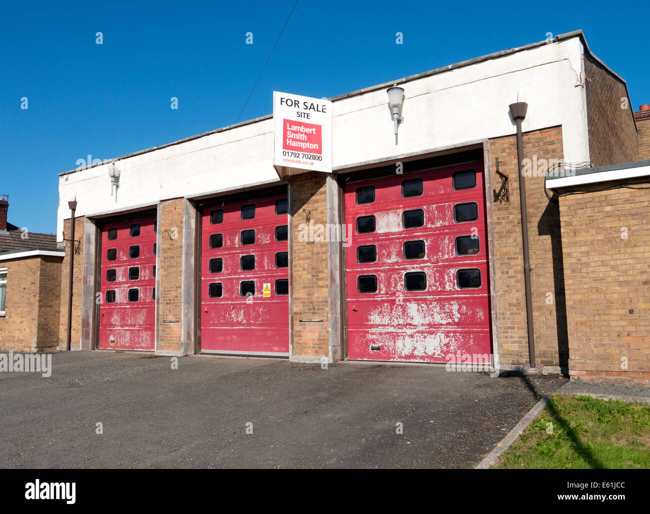 Old closed fire station building now for sale in Llandrindod Wells, Powys Wales UK. Stock Photo