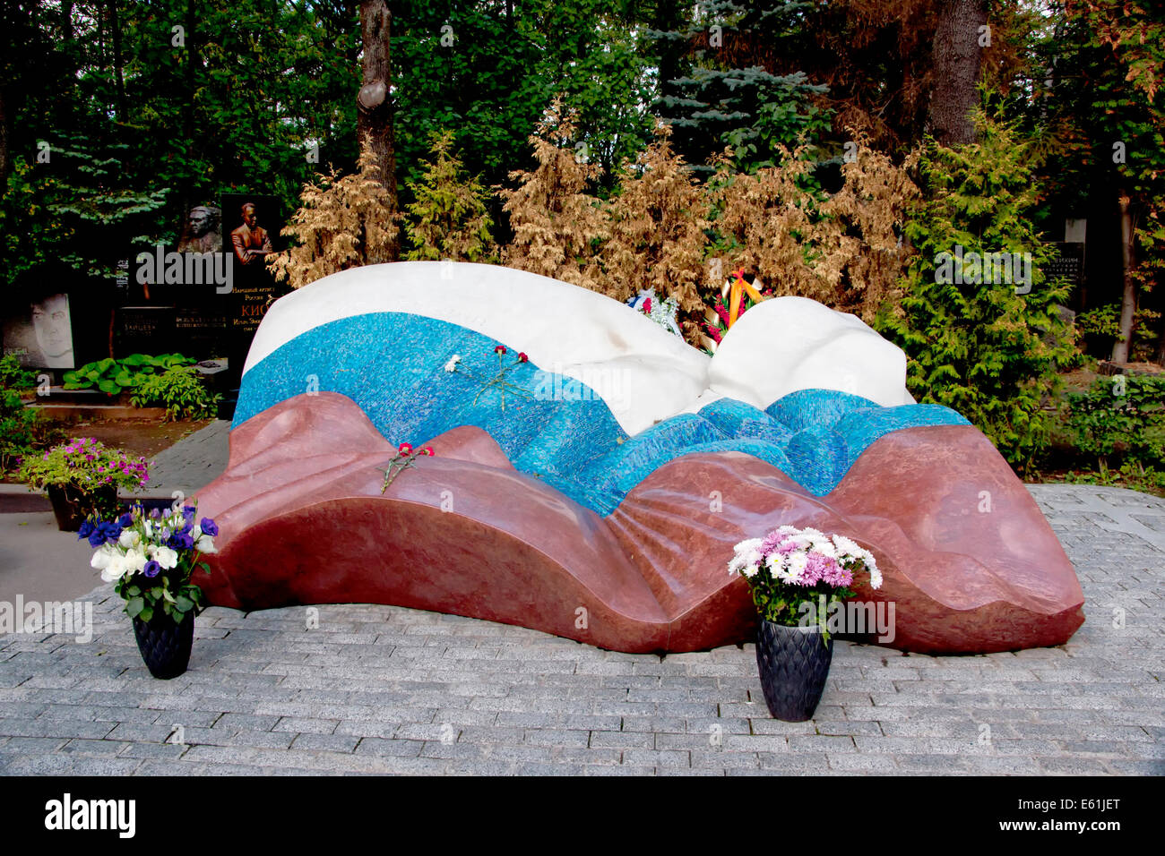 ombstone on grave of Boris Jeltsin at the National Cemetery of Novodevichy in Moscow. Stock Photo