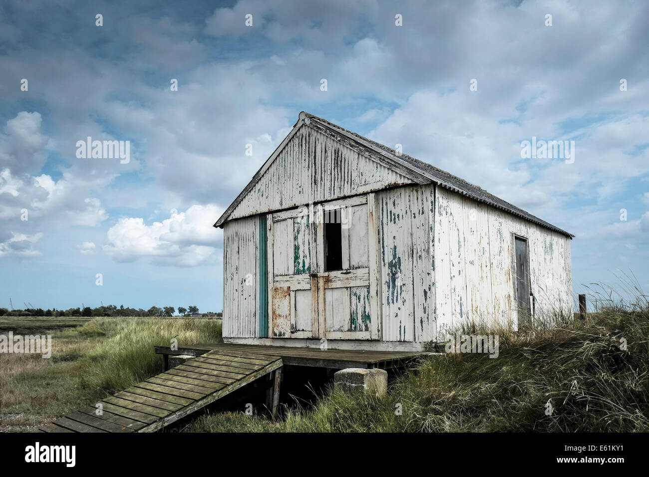 An old shed boathouse boat house on Wallasea Island in Essex in the UK. Stock Photo
