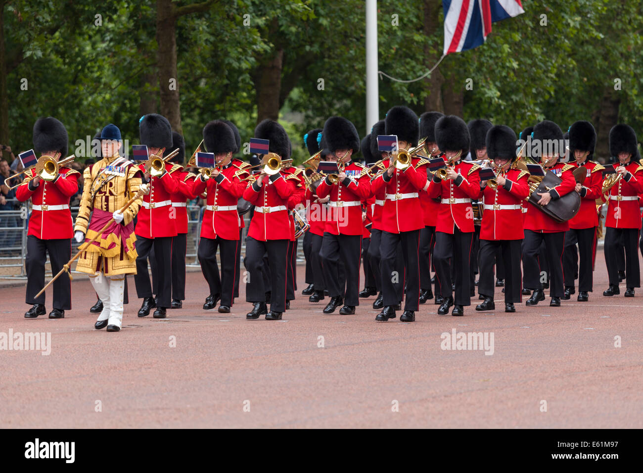 Musicians of the Royal Foot Guards band marching along The Mall in London during the Trooping the Colour ceremony Stock Photo