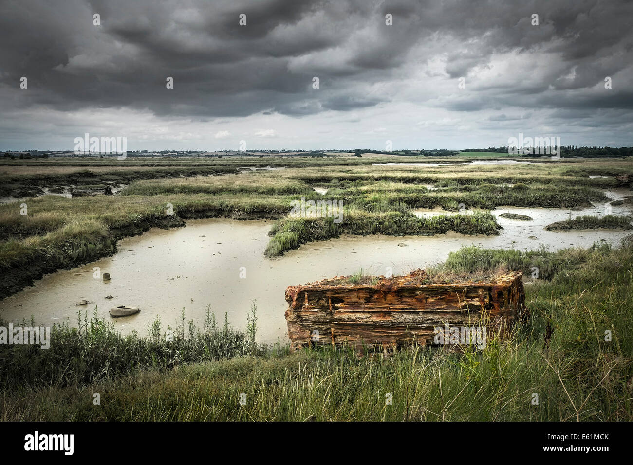 Old pontoons in the saltings around Wallasea Island. Stock Photo