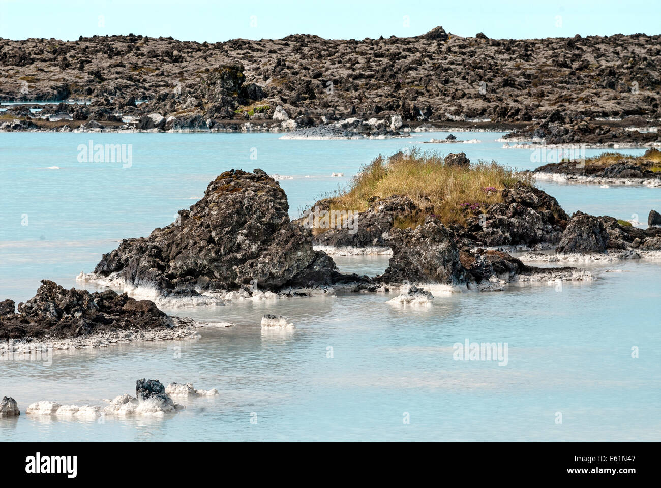 Volcano landscape at  the turquoise  colored Blue Lagoon Hot Springs in Iceland. Stock Photo