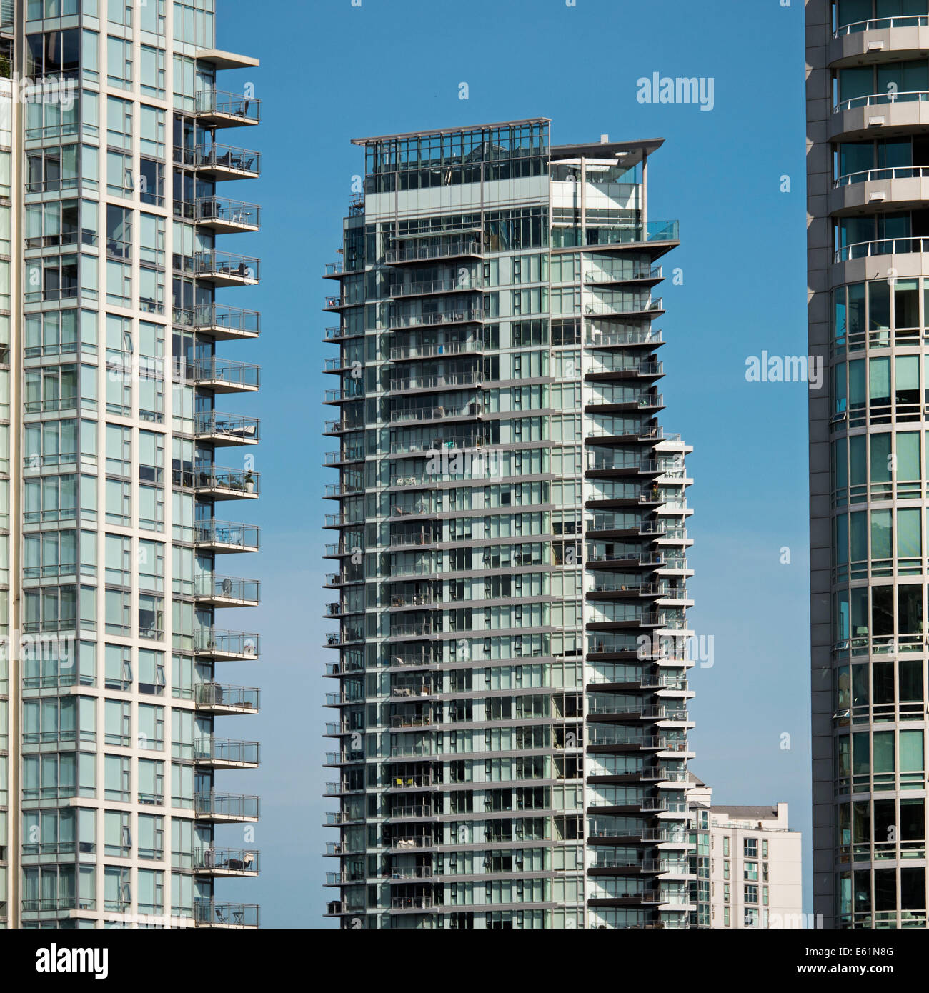 Vancouver real estate high rise condo condominium towers buildings lifestyle city urban high-density Stock Photo