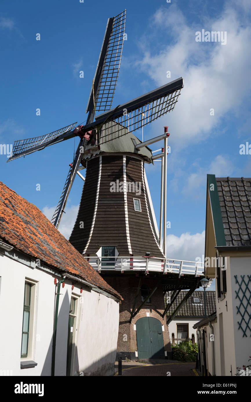 Windmill 'de Fortuin' or the Fortune at Hattem, a historical hanseatic city in the province of Gelderland in the Netherlands. Stock Photo