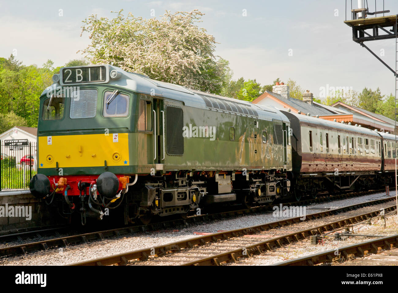 A Type 2 diesel green locomotive sitting in the station at Buckfastleigh Stock Photo