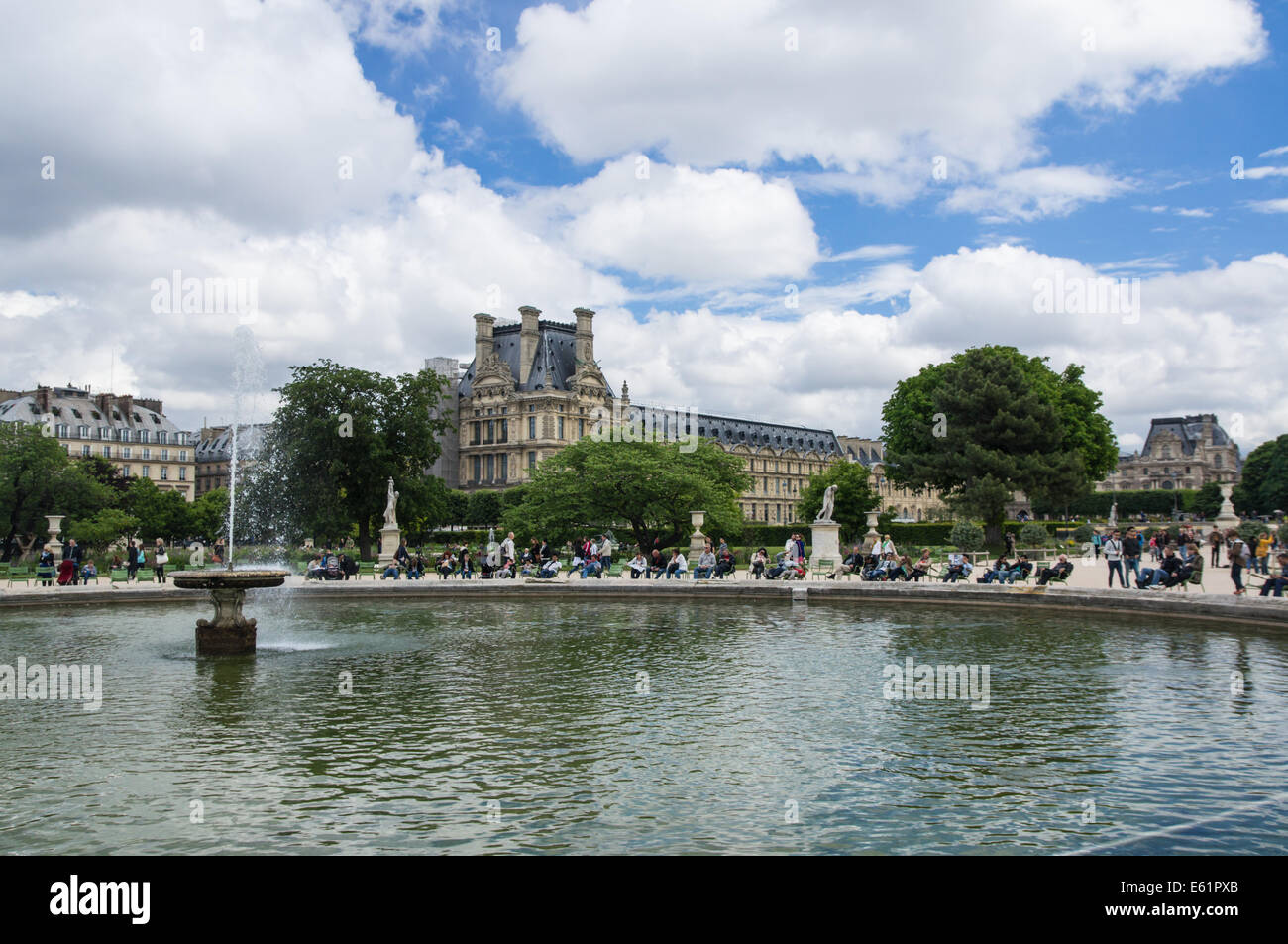 Tourists and visitors at the Grand Bassin Rond at the Tuileries Garden [Jardin des Tuileries] in Paris, France Stock Photo