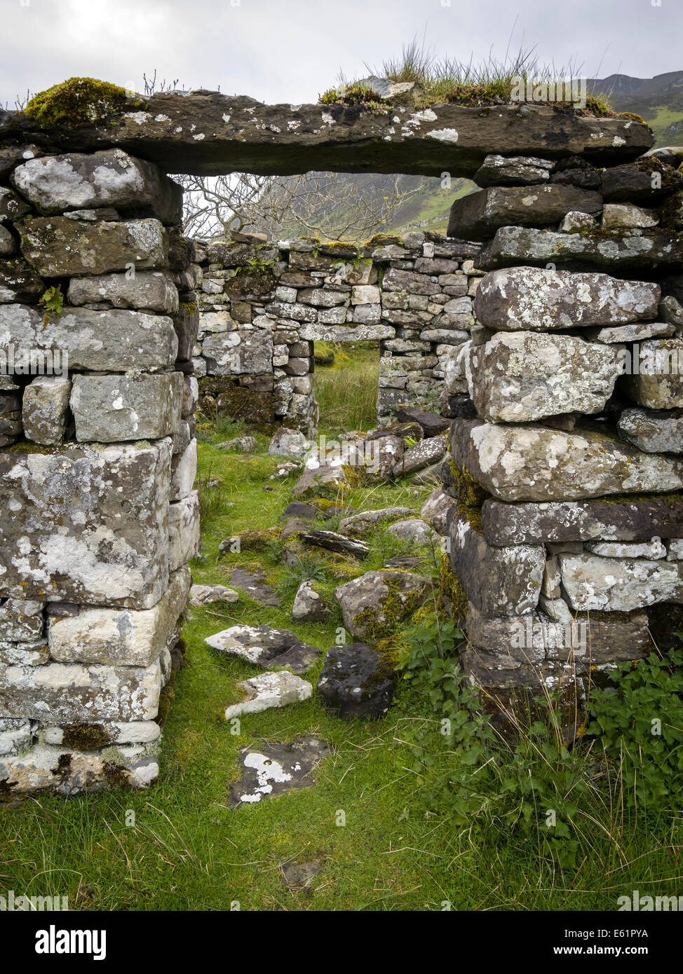 Stone doorway of ruined croft building, Boreraig, Isle of Skye, Scotland, UK Stock Photo